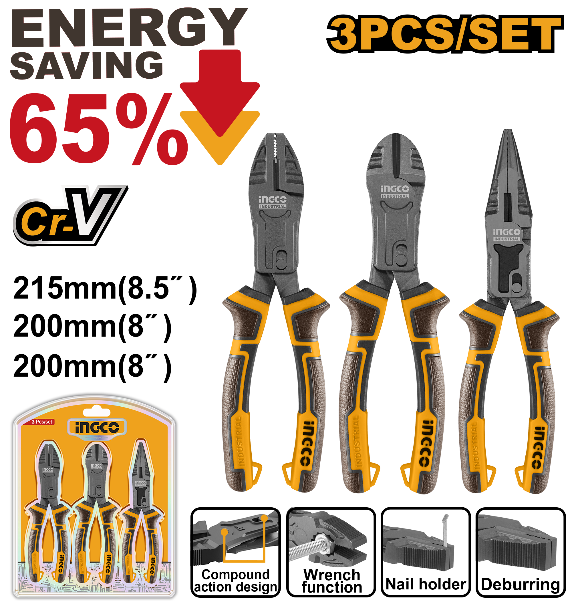 Ingco spirit level, hammer and mallet on a wooden table