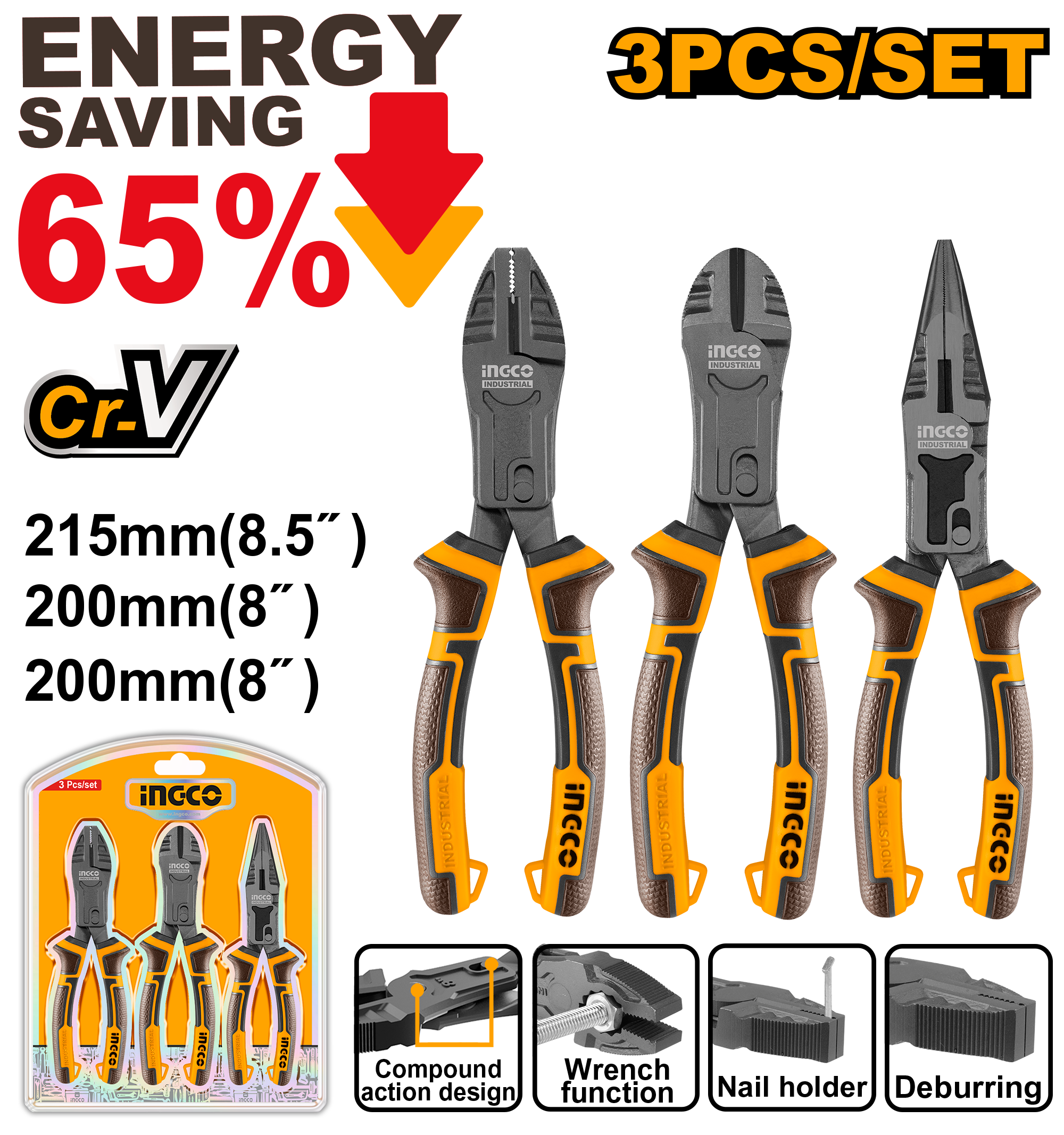 INGCO 3-Piece Compound Action Pliers Set Cr-V Teflon | HKCPS5831