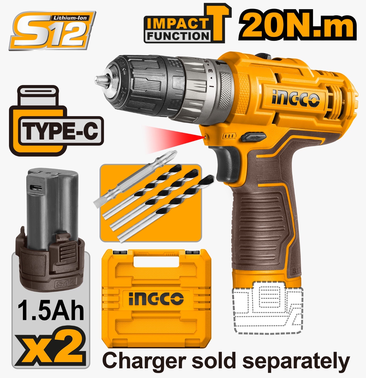 INGCO 12V Impact Drill Brushless Cordless Light Weight (USB charger)