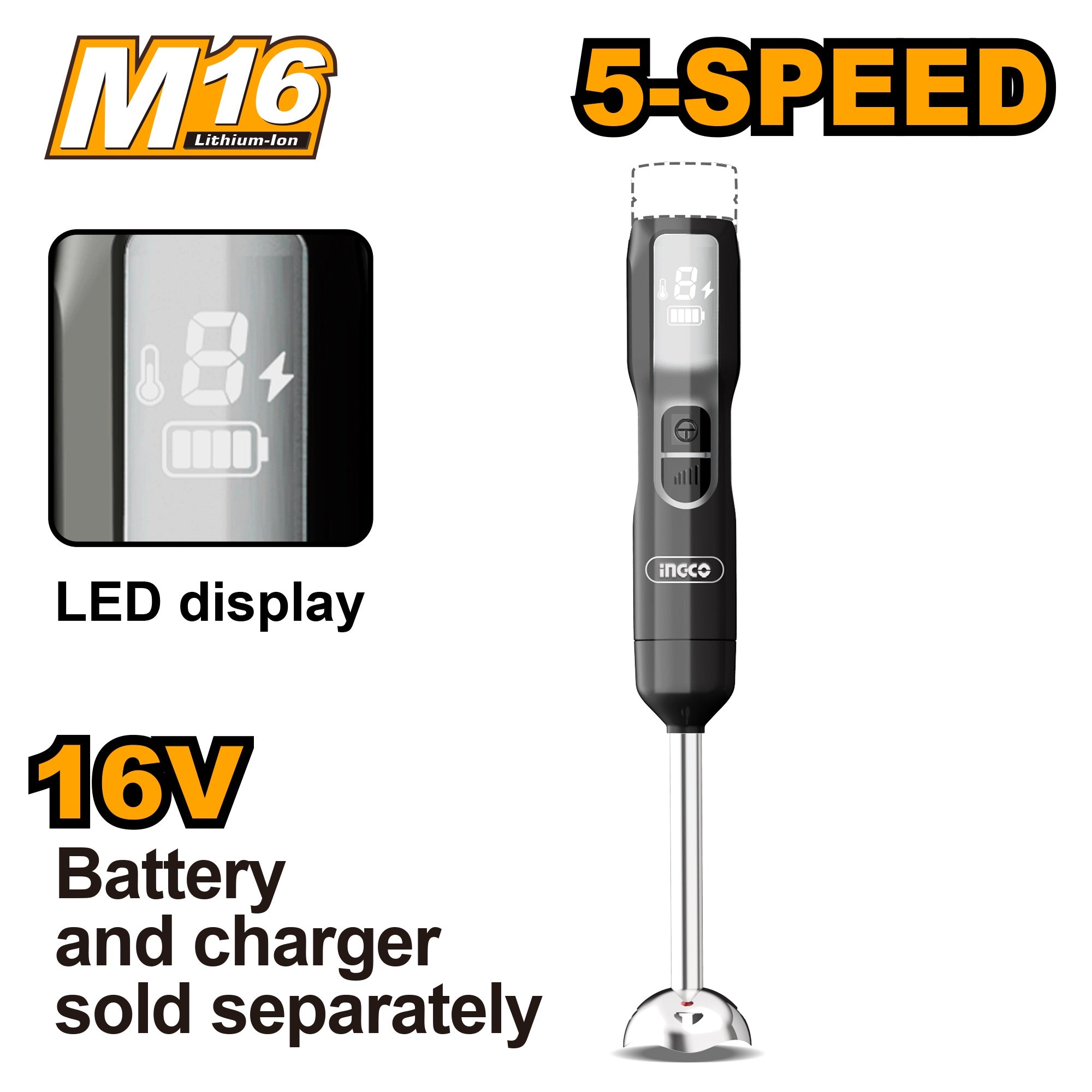 INGCO Hand Blender 100W, Cordless 16V, 5-Speed, Stainless Steel Shaft & Blades