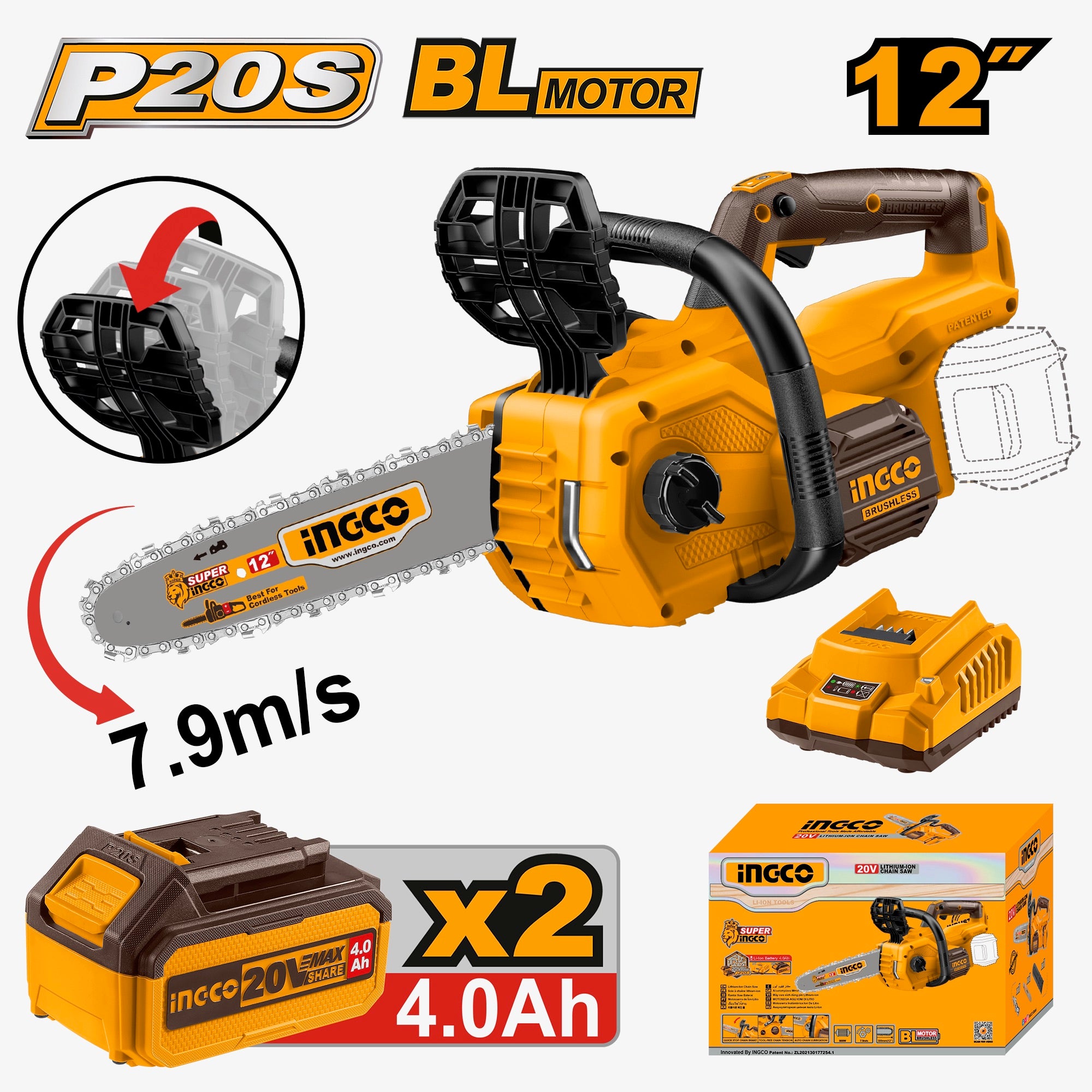 INGCO Chainsaw 12" Cordless 20V Brushless, Auto Lubrication, Chain Brake, 2x 4.0Ah Batteries