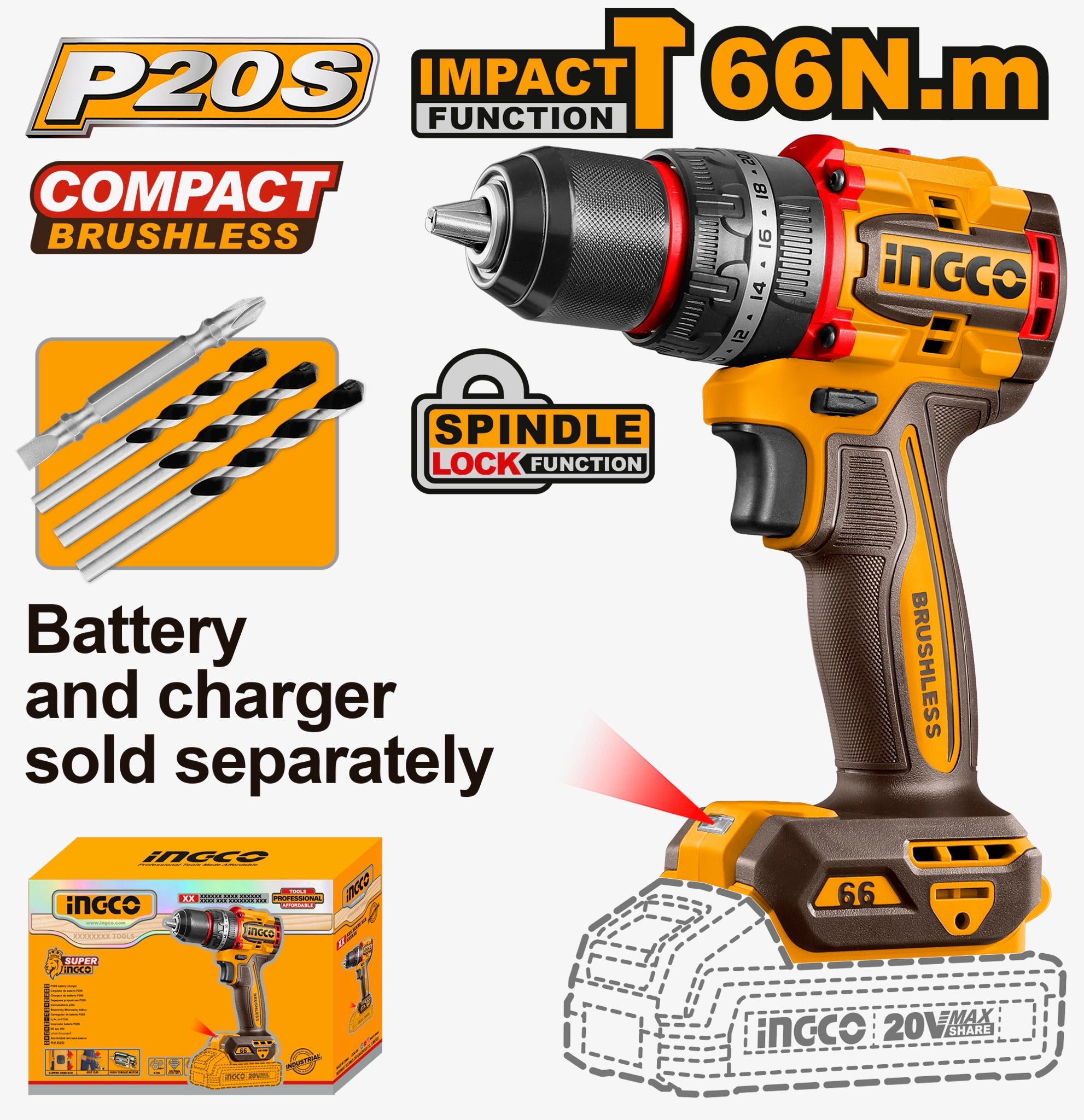 INGCO Compact Brushless Cordless Impact Drill 66Nm (Body Only)