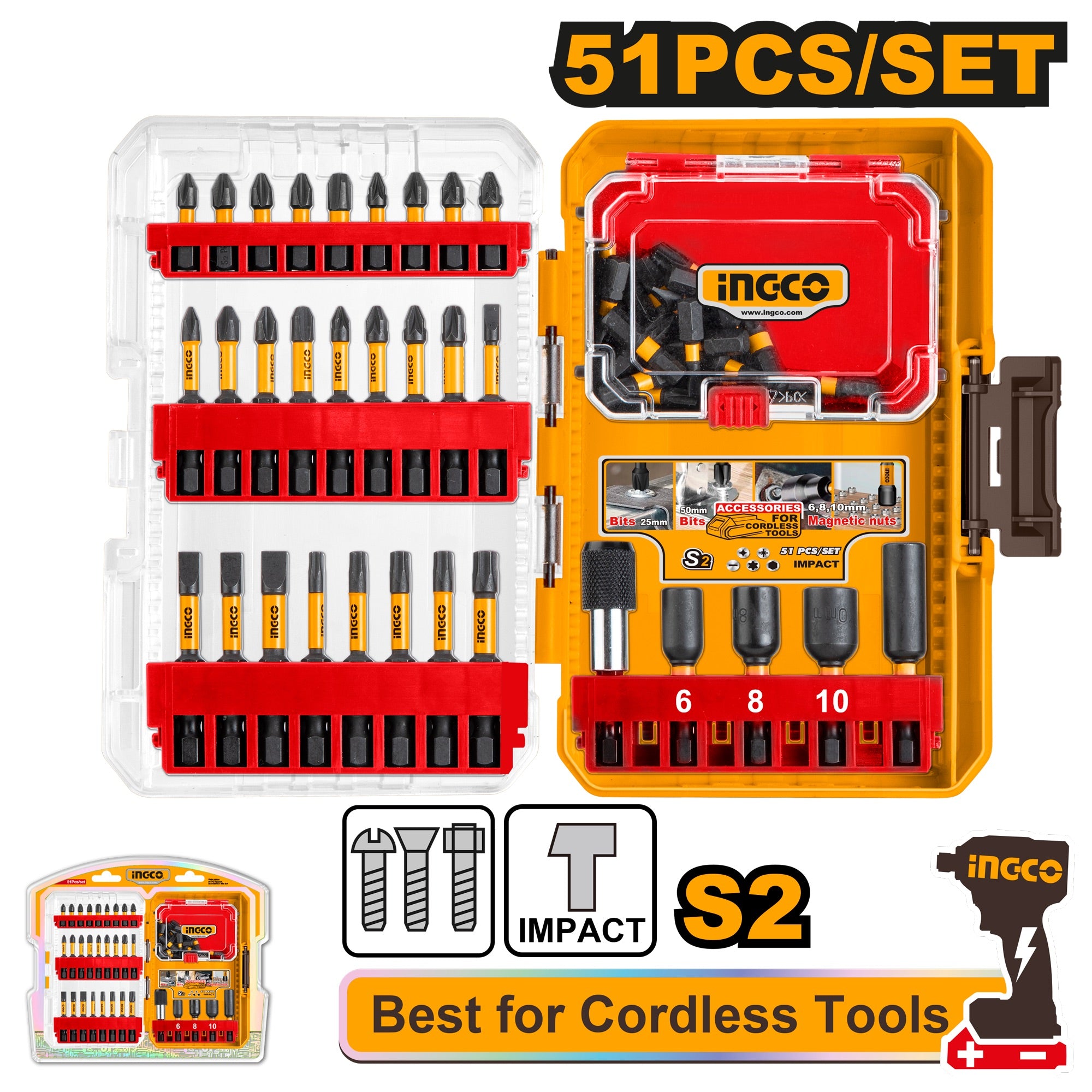 INGCO Impact Screwdriver Bit Set, 51-Piece, S2 Steel, Magnetic Driver. Nut-Drivers