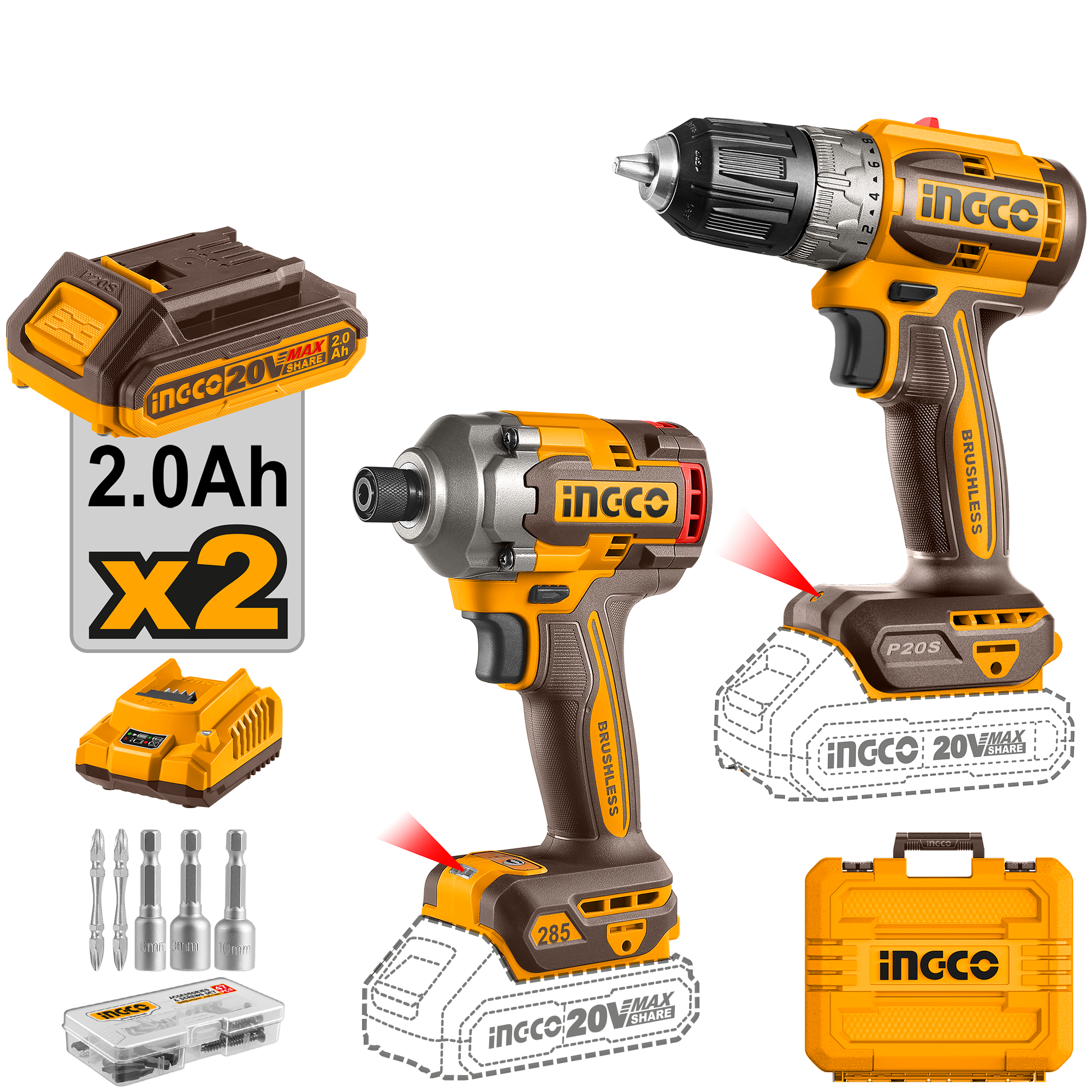 INGCO Drill & Impact Driver Combo Kit - 20 V Brushless 52 Nm Drill + High-Torque Driver, 2× 2.0Ah Batteries + Charger Included