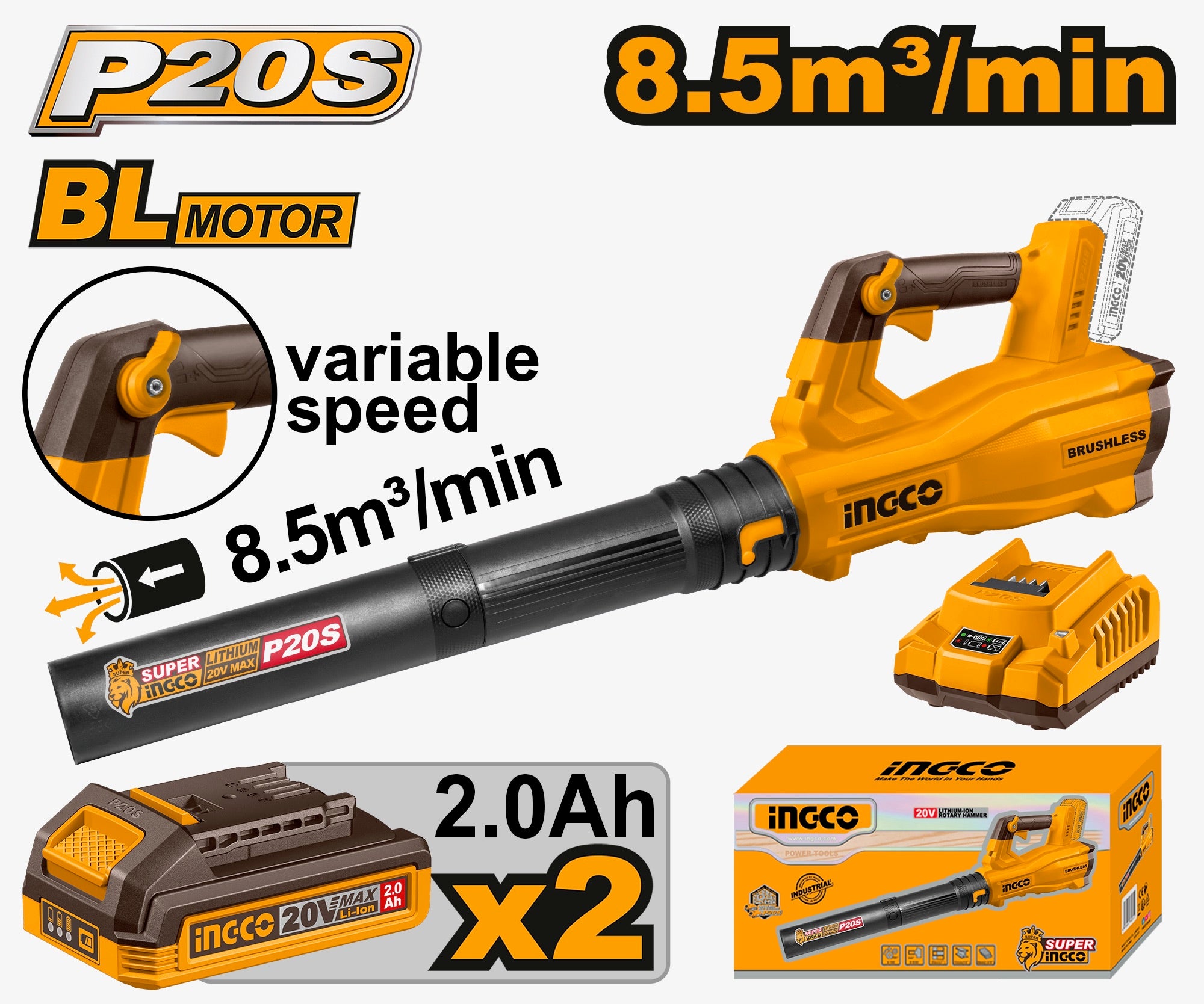 INGCO Leaf Blower Cordless 20V Brushless, 18,500 RPM, 2x 2.0Ah Batteries and Charger Included