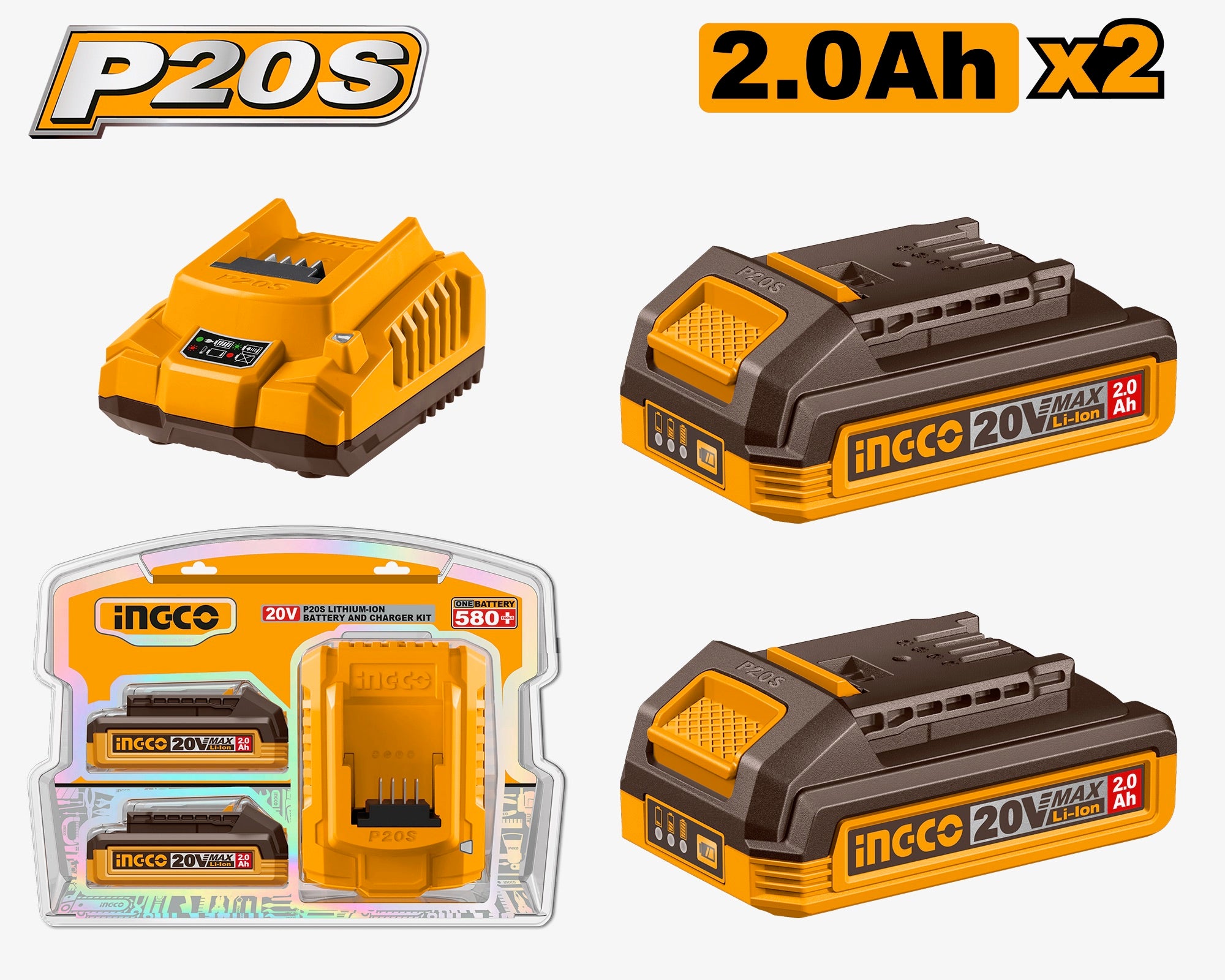 INGCO 2.0Ah Batteries Charger Kit, 20V Li-Ion (P20S) 2x Batteries & Fast Charger