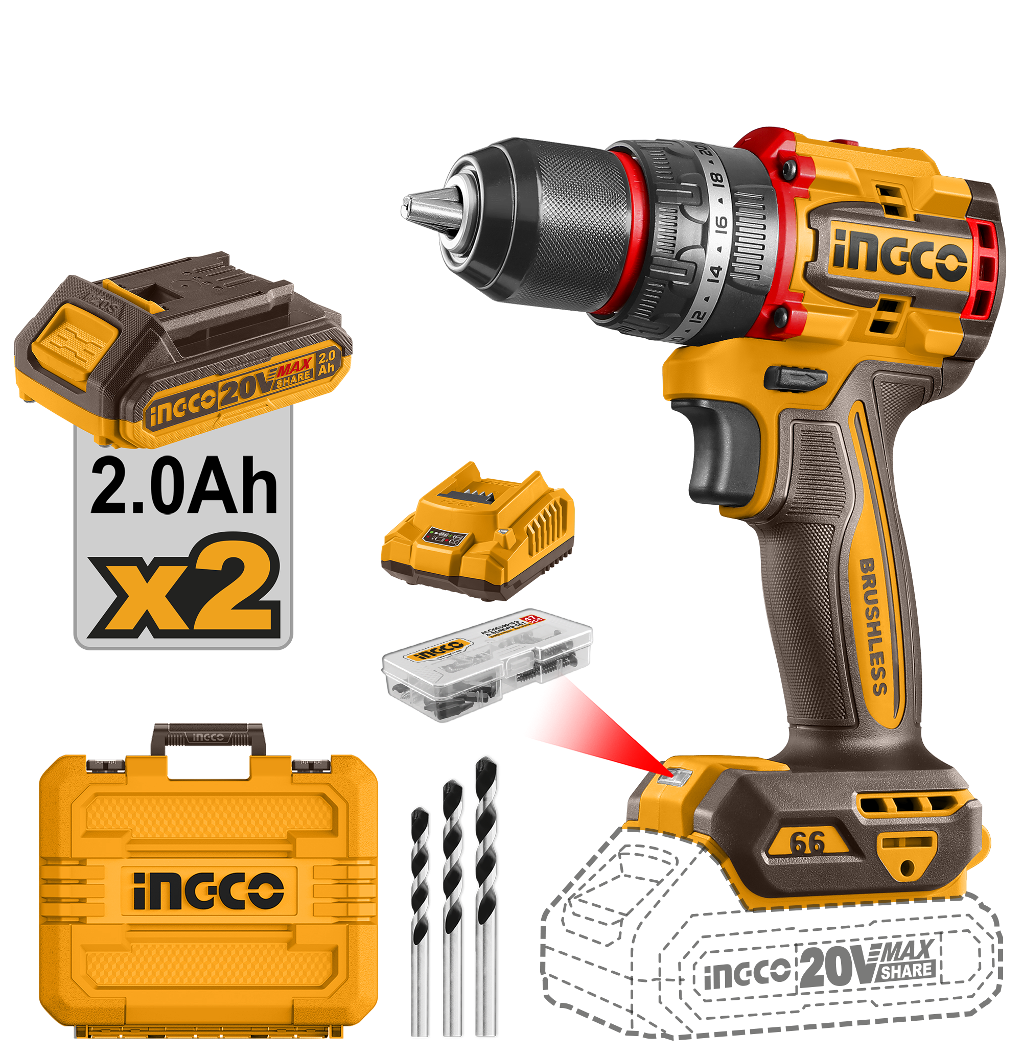 INGCO Impact Compact Drill, Cordless 20V Brushless 66N.m Battery Charger Included