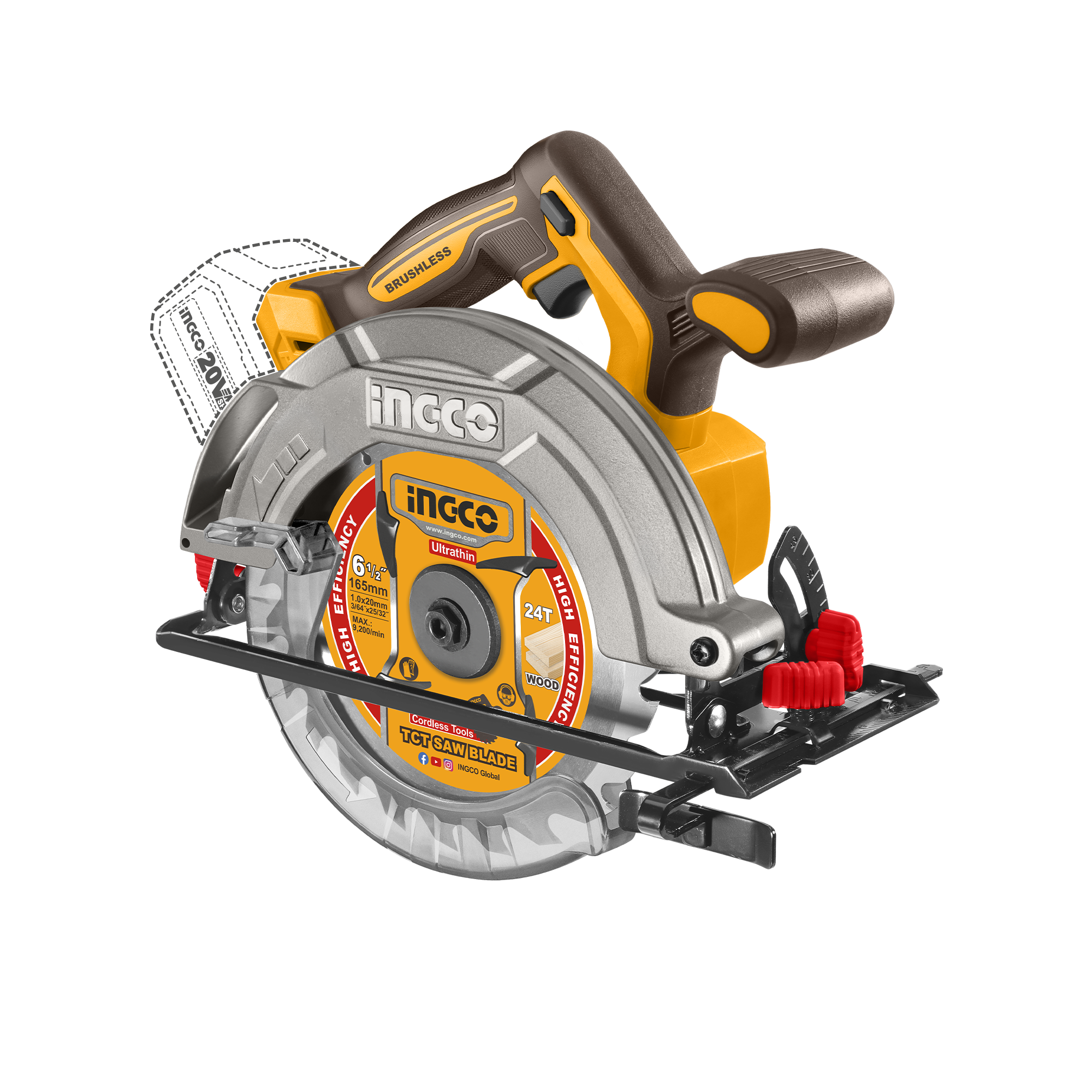 INGCO 20V Brushless Cordless Circular Saw 165mm (Body Only)