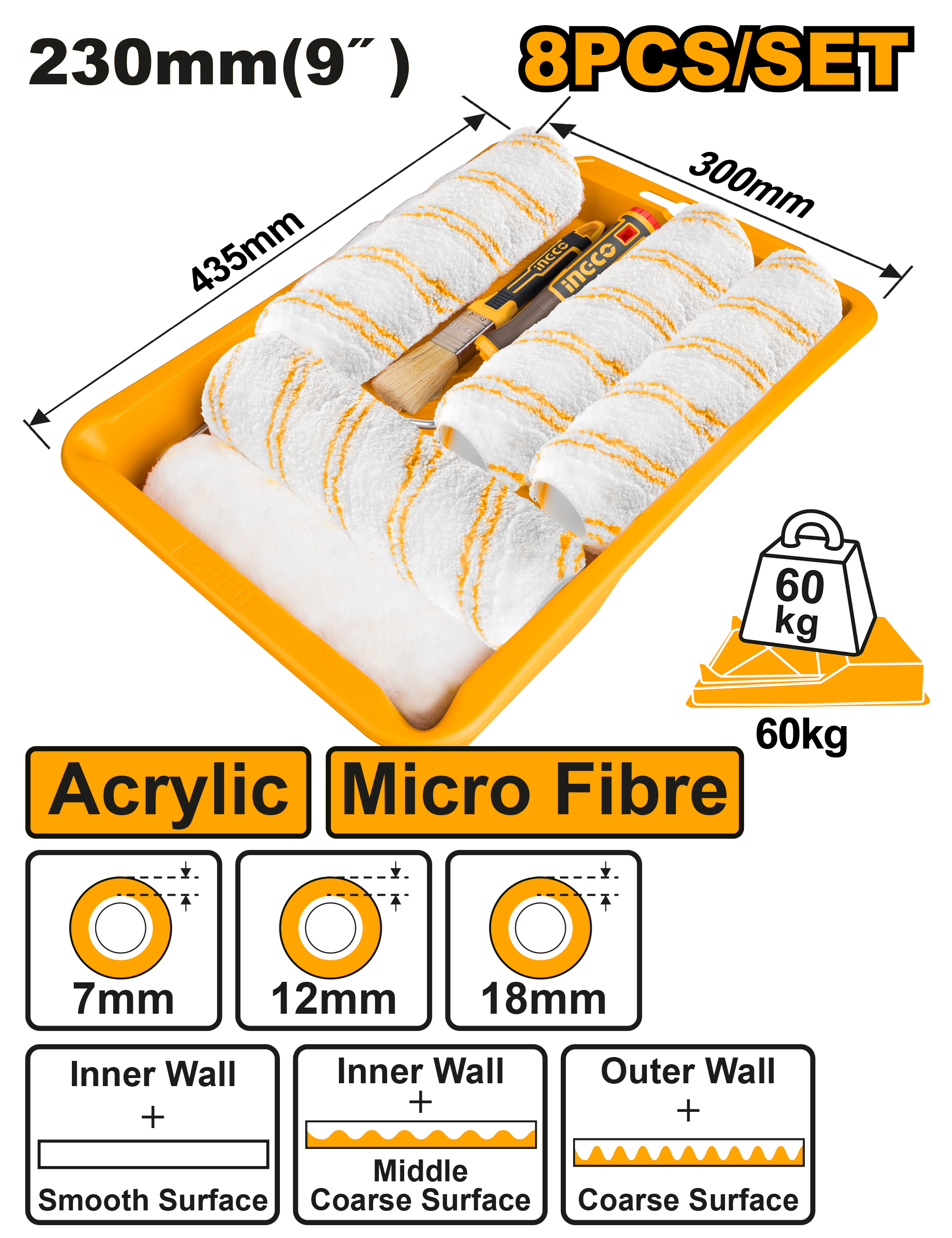 INGCO Paint Roller Brush Set with Tray 8-in-1 Cylinder for Internal and External walls
