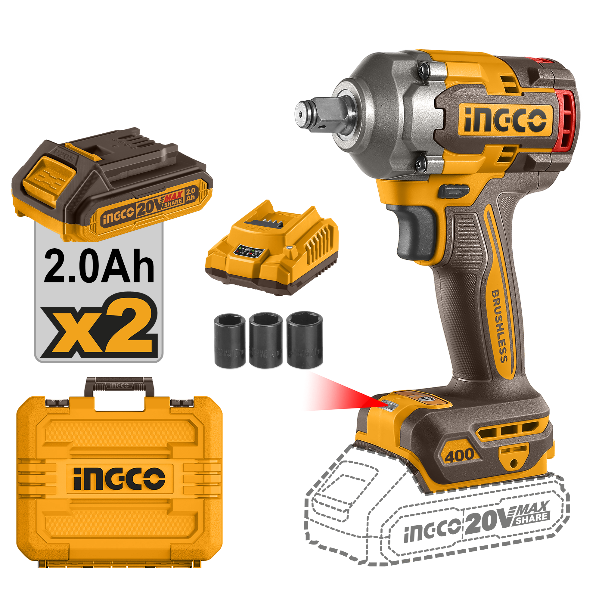 INGCO 20V Brushless Cordless Impact Wrench Square Drive 1/2Inch