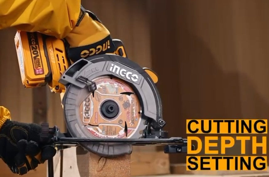 INGCO 20V cordless circular saw cutting timber on site with P20S battery platform