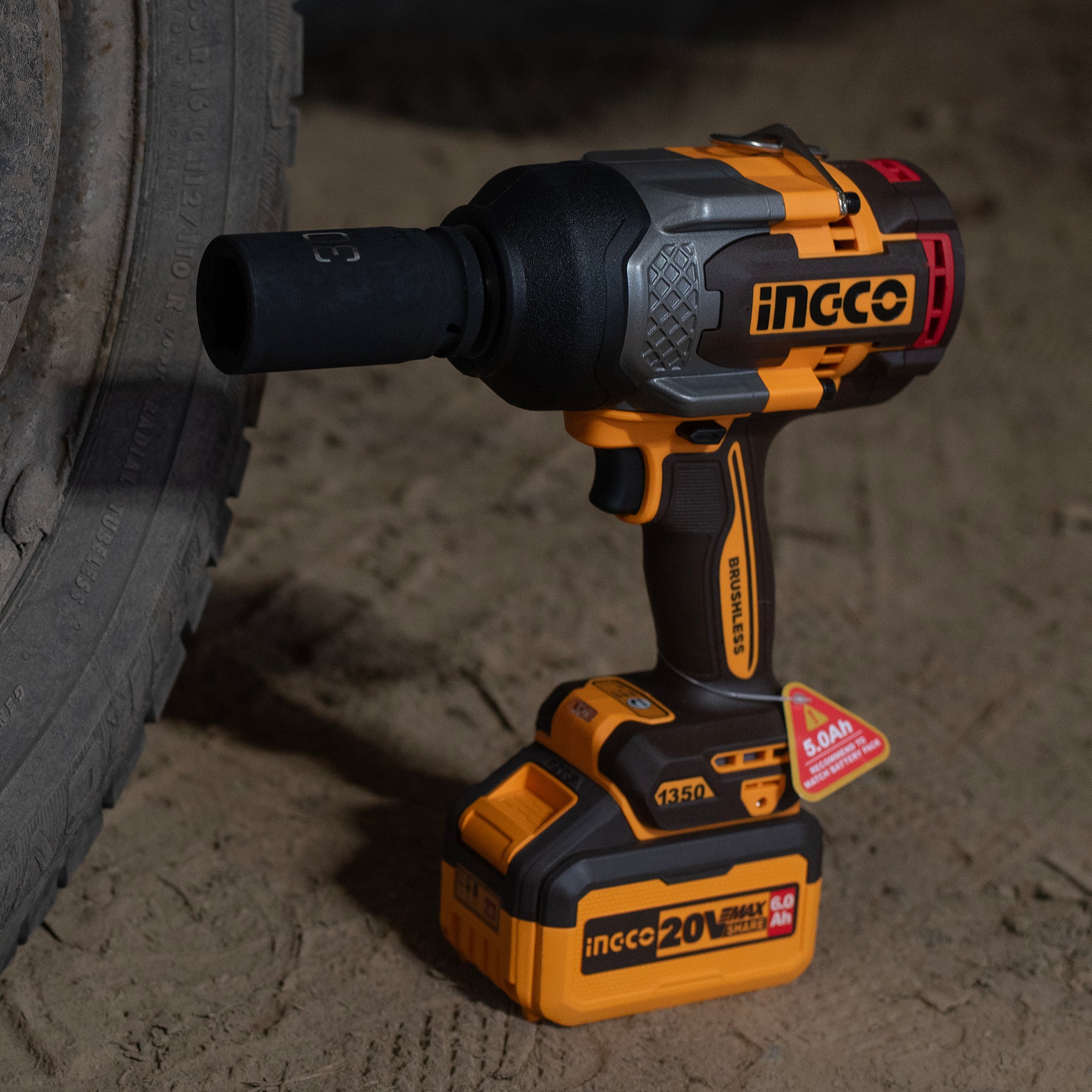 INGCO Impact Wrench 3/42", 1350 Nm Torque, Brushless Cordless 20V, 3-Speed, LED Light. (Body Only)