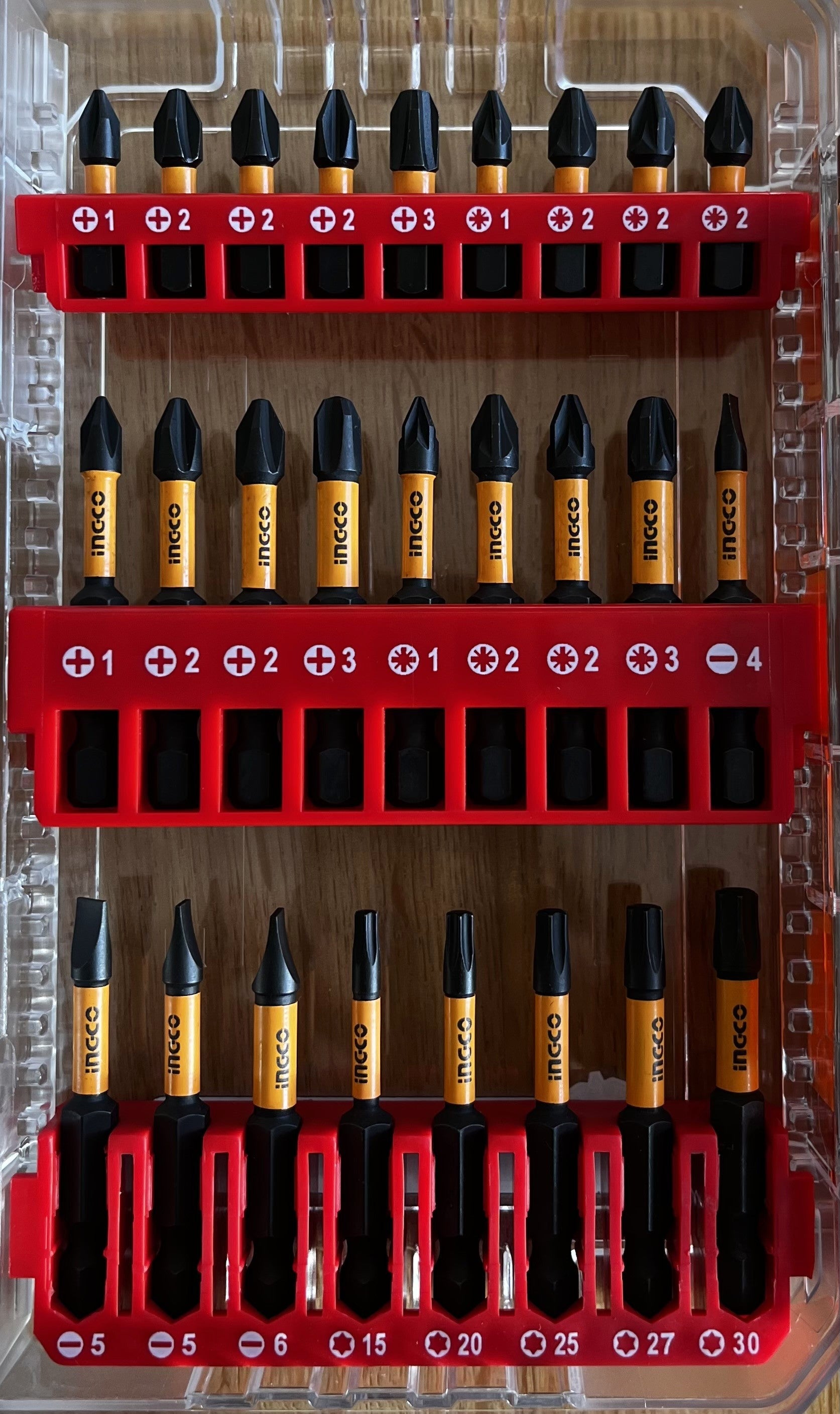 Different ingco tools sitting on a table