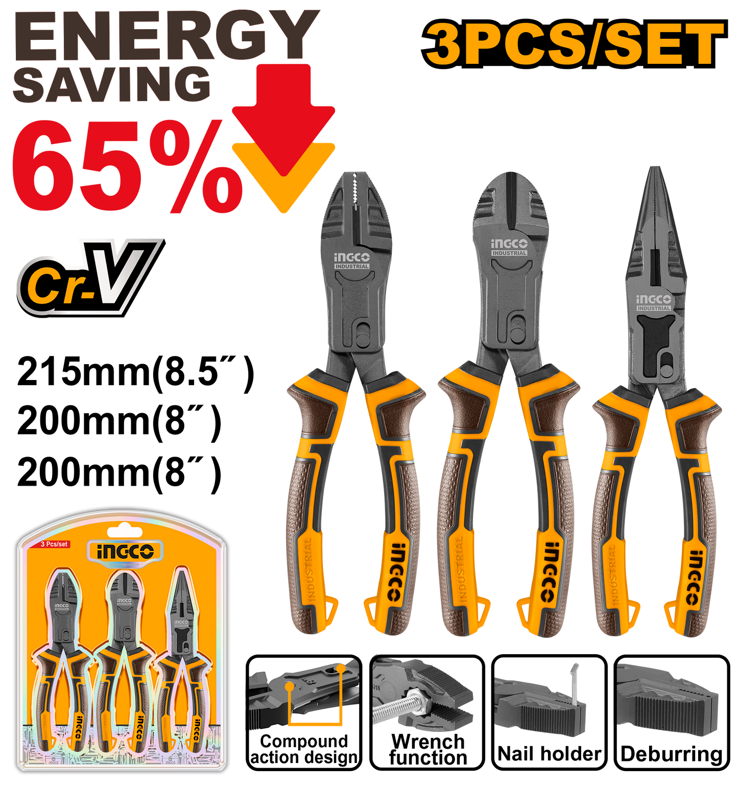 3 Piece Compound Action Pliers Set Universal, Diagonal, Long Nose, Cr-V, Teflon-Coated