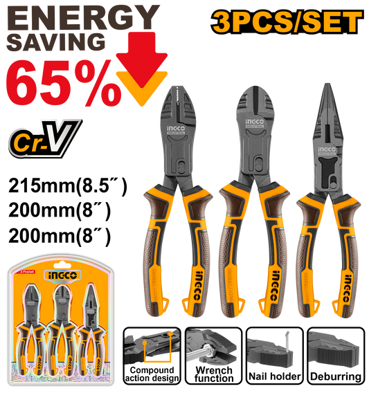 3 Piece Compound Action Pliers Set Universal, Diagonal, Long Nose, Cr-V, Teflon-Coated