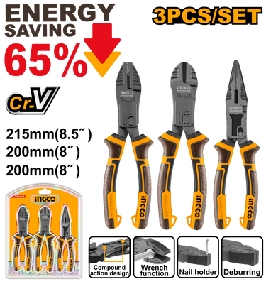 3 Piece Compound Action Pliers Set Universal, Diagonal, Long Nose, Cr-V, Teflon-Coated