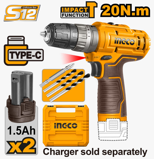INGCO 12V  Impact Drill Brushless Cordless Light Weight (USB charger)