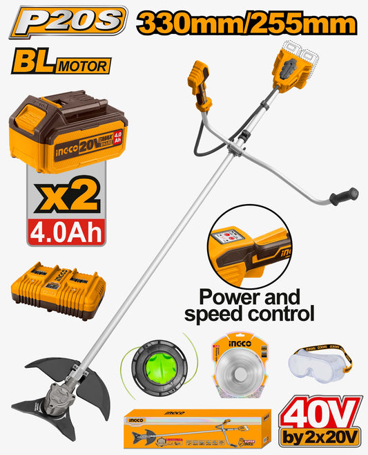 INGCO String Trimmer & Brush Cutter Cordless 40V, 2-in-1 Lawn & Brush Tool with 255 mm Blade, 330 mm Trimmer Head
