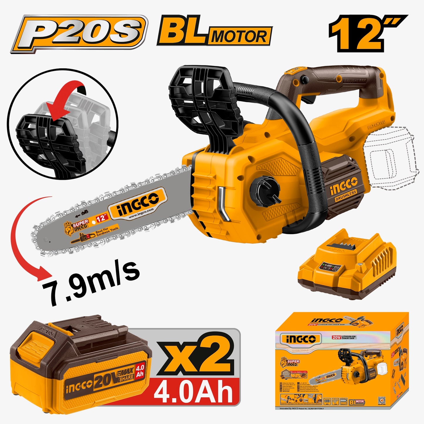 INGCO Chainsaw 12" Cordless 20V Brushless, Auto Lubrication, Chain Brake, 2x 4.0Ah Batteries