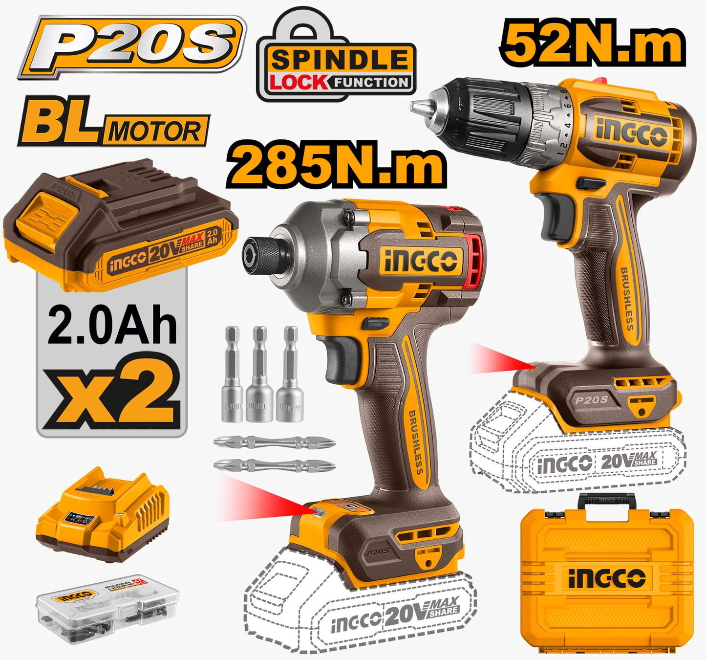 INGCO 2 Piece Combination and Impact Drill Set - Brushless Cordless