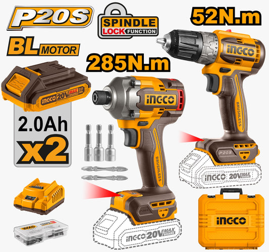 INGCO 2 Piece Combination and Impact Drill Set - Brushless Cordless
