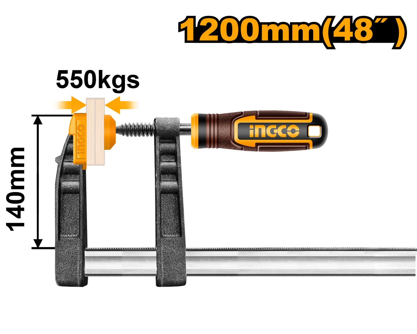 INGCO F-Clamp 1200 mm Heavy-Duty 550 kg Clamp Force, Steel Bar Clamp
