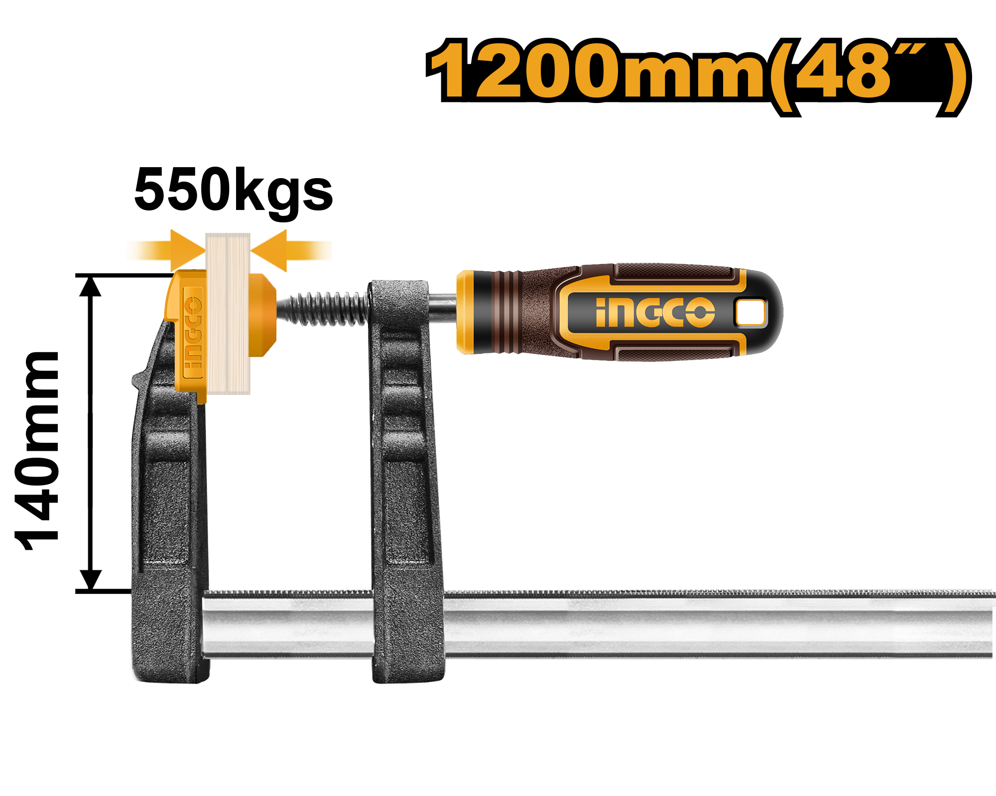 INGCO F-Clamp 1200 mm Heavy-Duty 550 kg Clamp Force, Steel Bar Clamp
