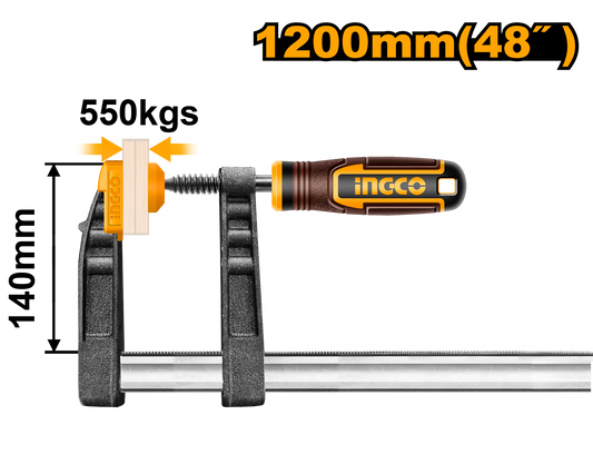 INGCO F-Clamp 1200 mm Heavy-Duty 550 kg Clamp Force, Steel Bar Clamp