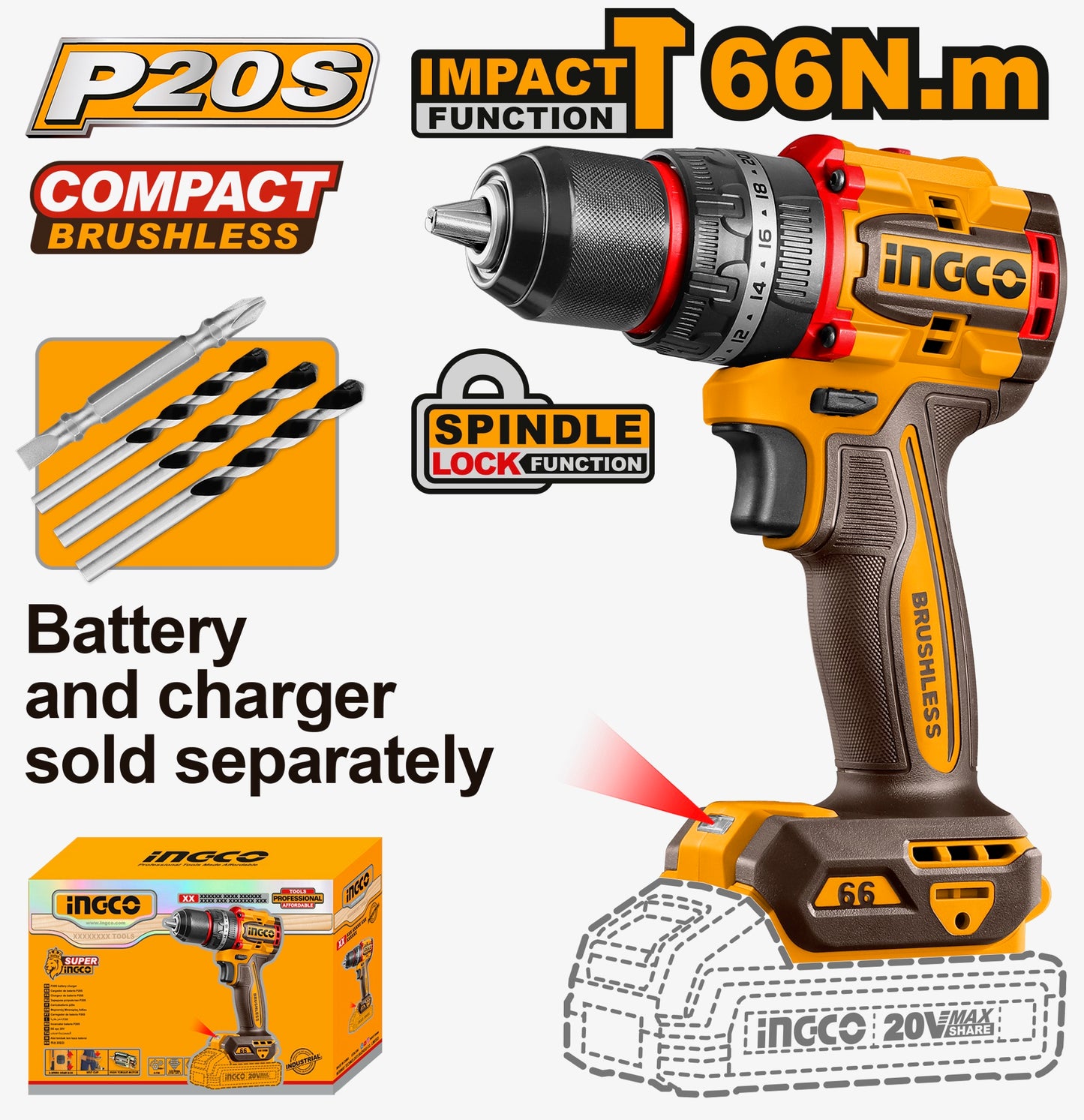 INGCO Compact Brushless Cordless Impact Drill 66Nm (Body Only)