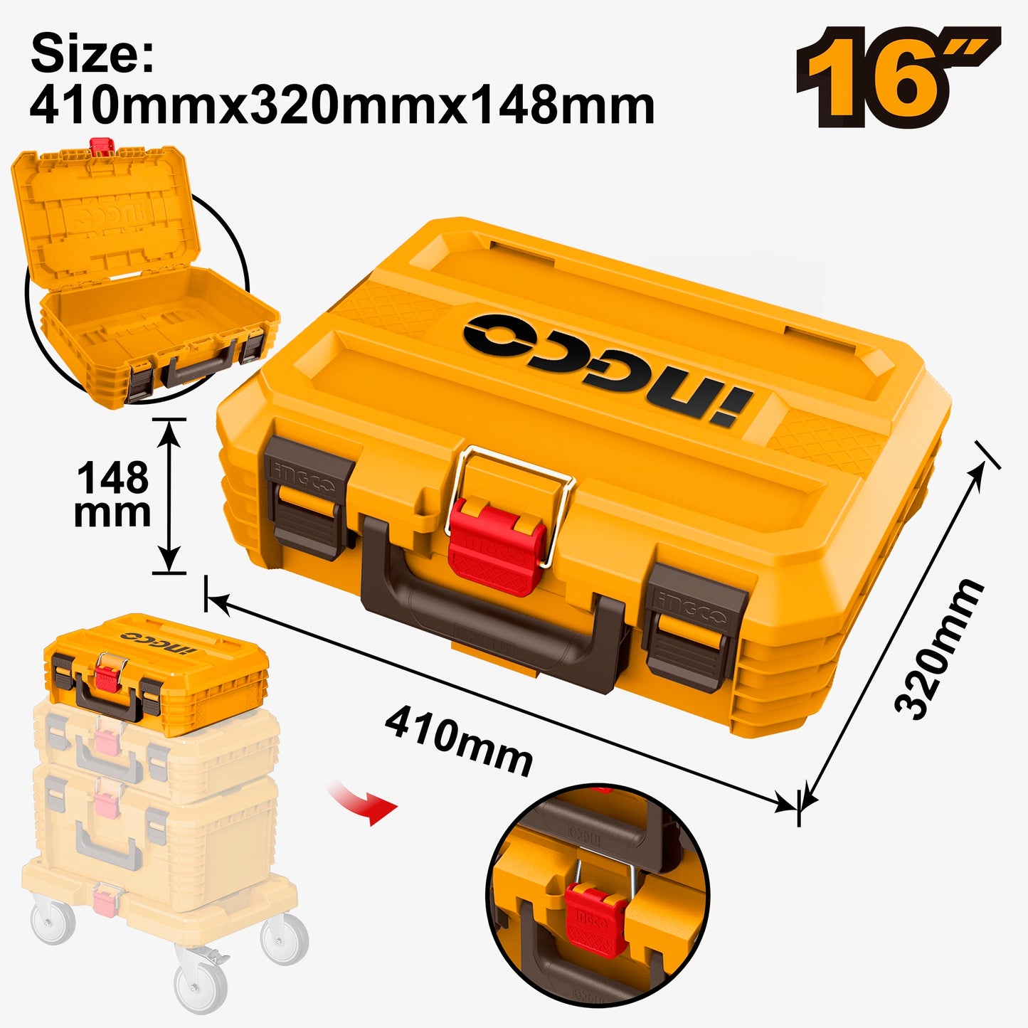 INGCO Stackable 16Inch Plastic Toolbox 410x320x148 mm, 15kg Load, Portable and Durable