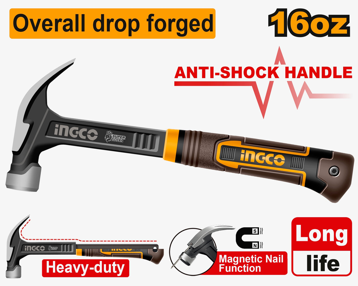 INGCO 16 oz / 450 g Drop-Forged Claw Hammer – 345 mm, Carbon Steel Head & Ergonomic Handle