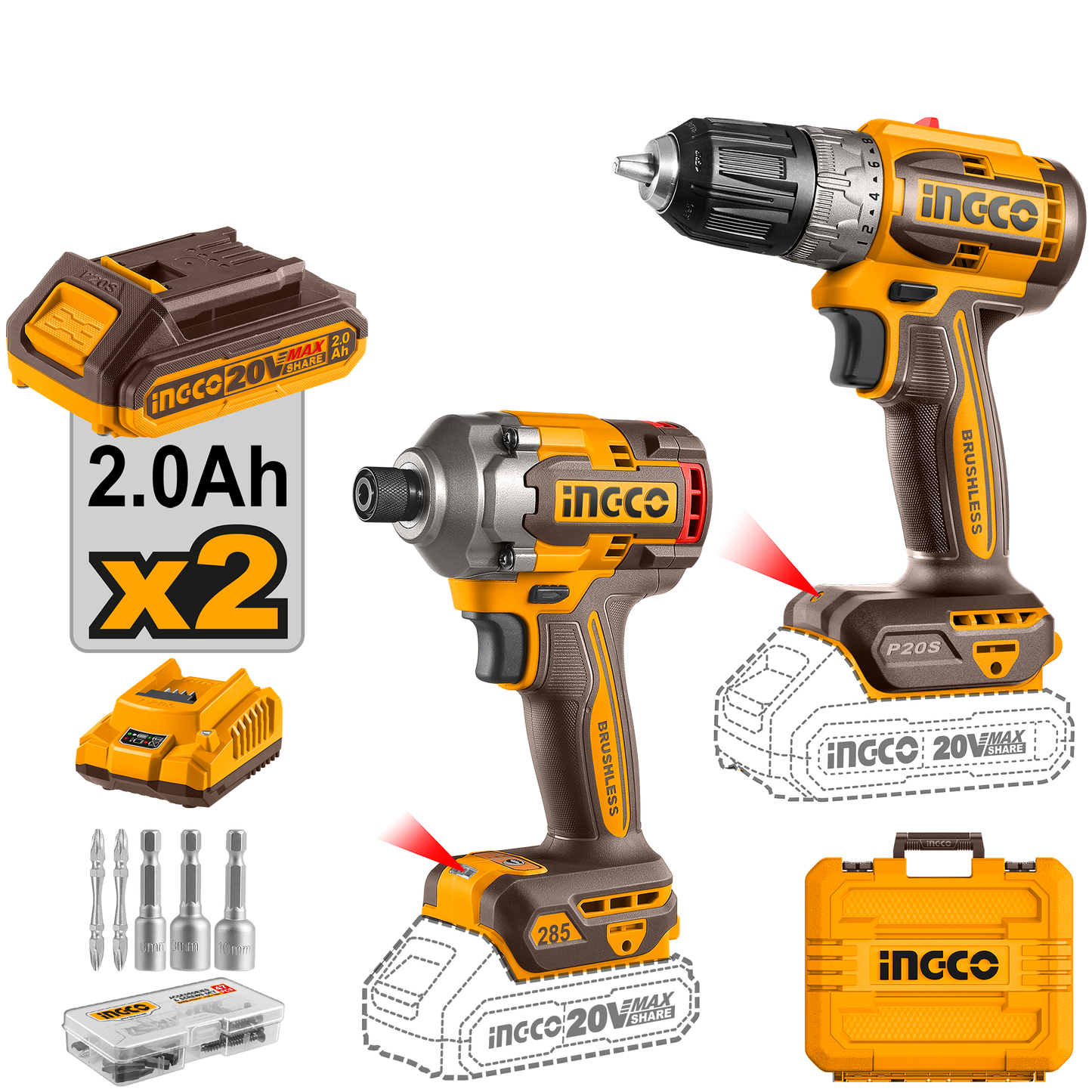 INGCO 2 Piece Combination and Impact Drill Set - Brushless Cordless