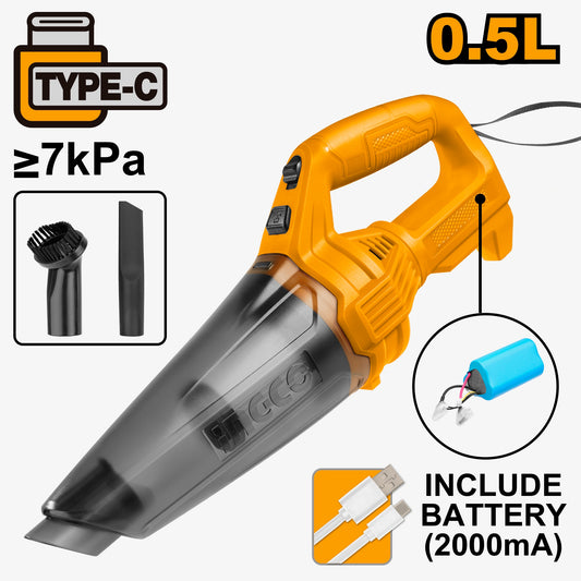 INGCO Cordless Handheld Vacuum Cleaner 12V Li-ion, 0.5 L Dust Capacity, USB-C Charger