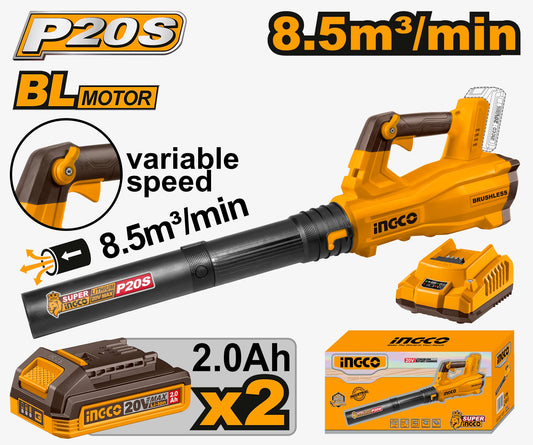 INGCO Leaf Blower Cordless 20V Brushless, 18,500 RPM, 2x 2.0Ah Batteries and Charger Included