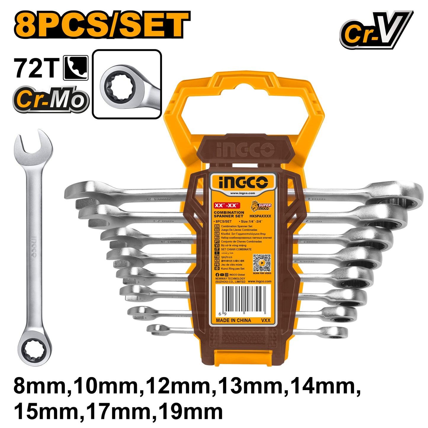 INGCO Ratchet Spanner Set 8-Pc 8-19 mm, Compact Storage, Easy-Use Ratchet Function