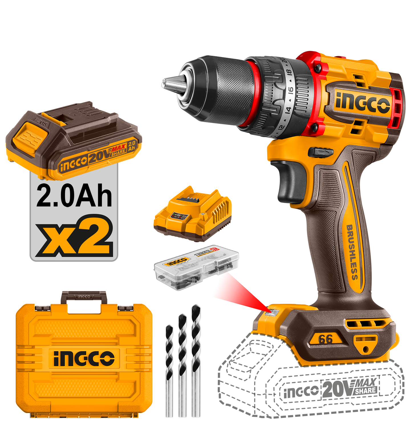 INGCO 20V Impact Compact Brushless Drill - Cordless