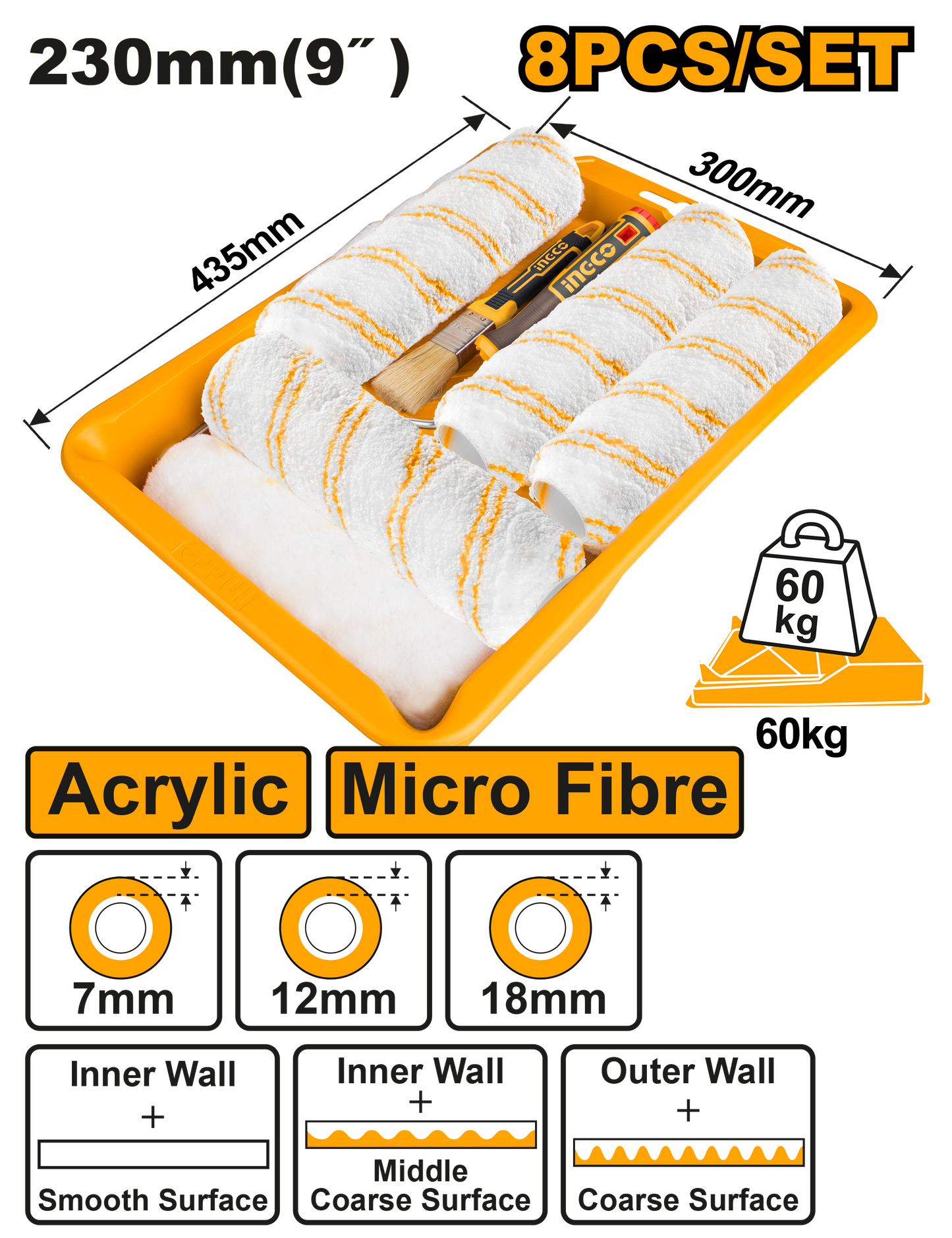 INGCO Paint Roller Brush Set with Tray 8-in-1 Cylinder for Internal and External walls