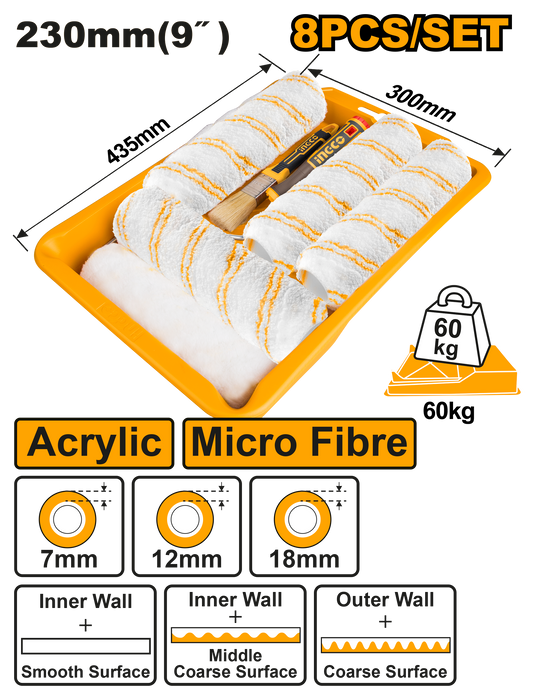 INGCO Paint Roller Brush Set with Tray 8-in-1 Cylinder for Internal and External walls