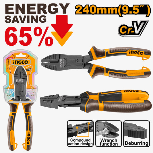 INGCO Combination Pliers 240 mm Heavy-Duty Multi-Function Spanner & Deburring