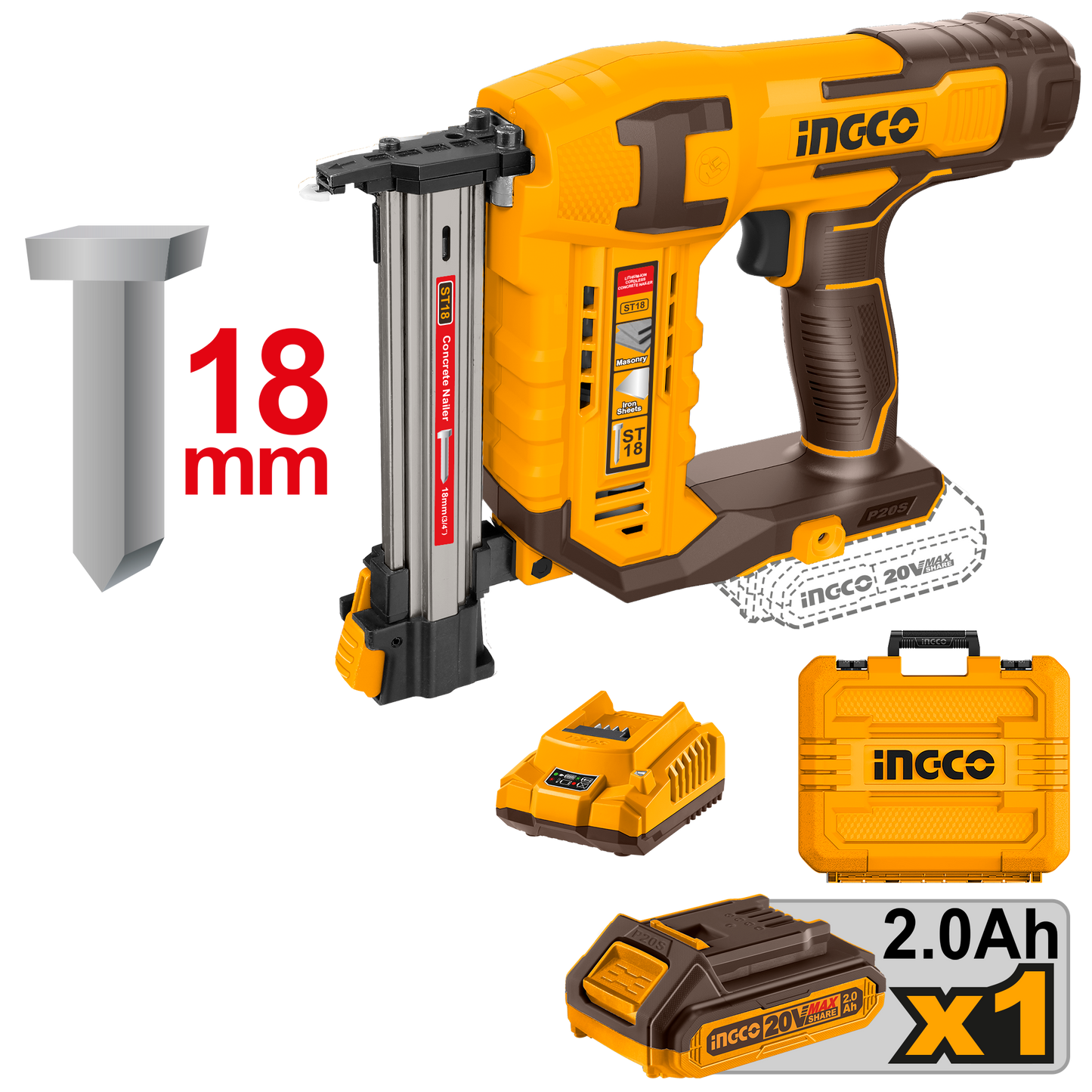 INGCO 20V Cordless Concrete / Brick Nailer with 2.0Ah Battery and Charger