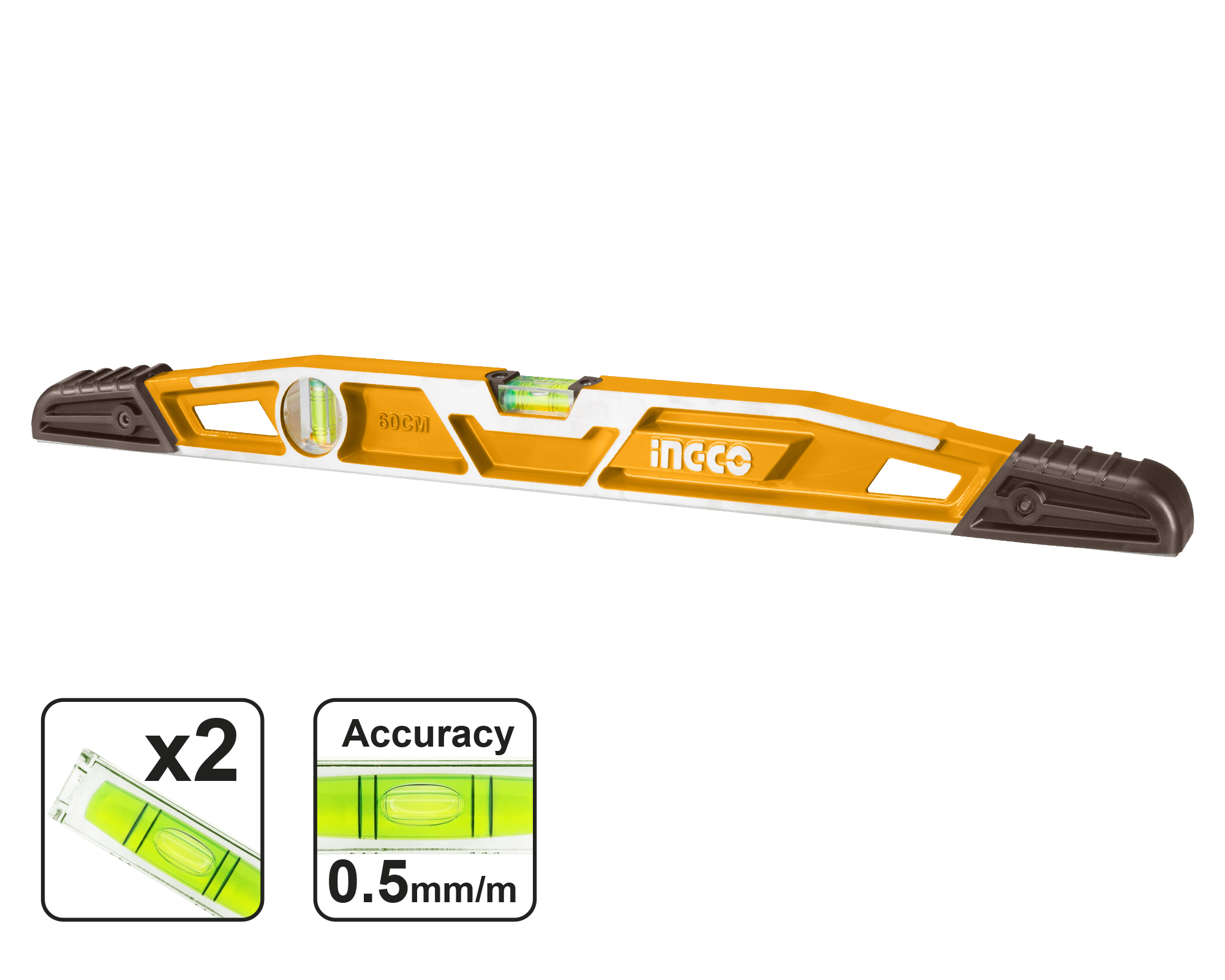 INGCO Spirit Level 60cm, Heavy Duty Mason's Level, Die-cast Aluminium