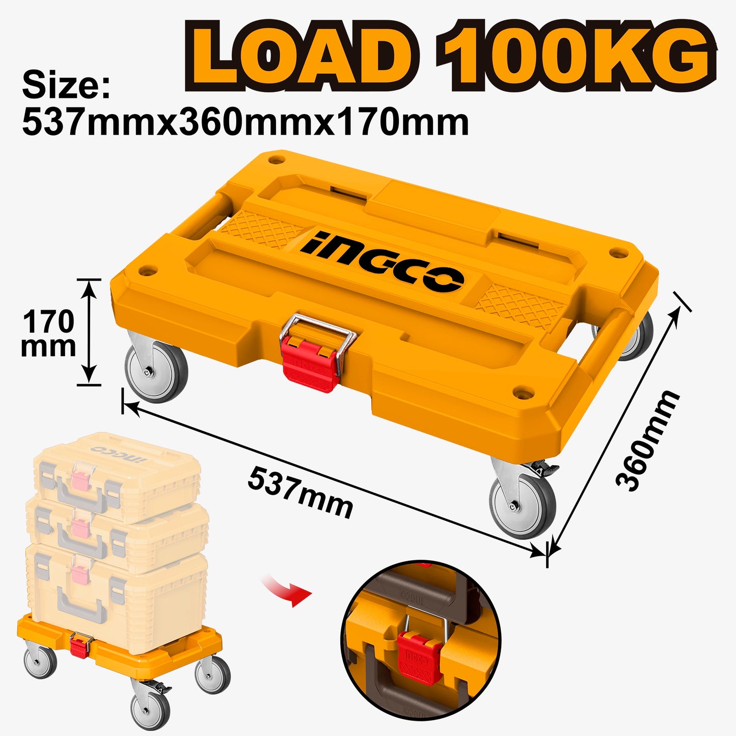 INGCO Mobile Tool Trolley Base 100kg Load Capacity 537x360 mm Platform 4 Inch Wheels