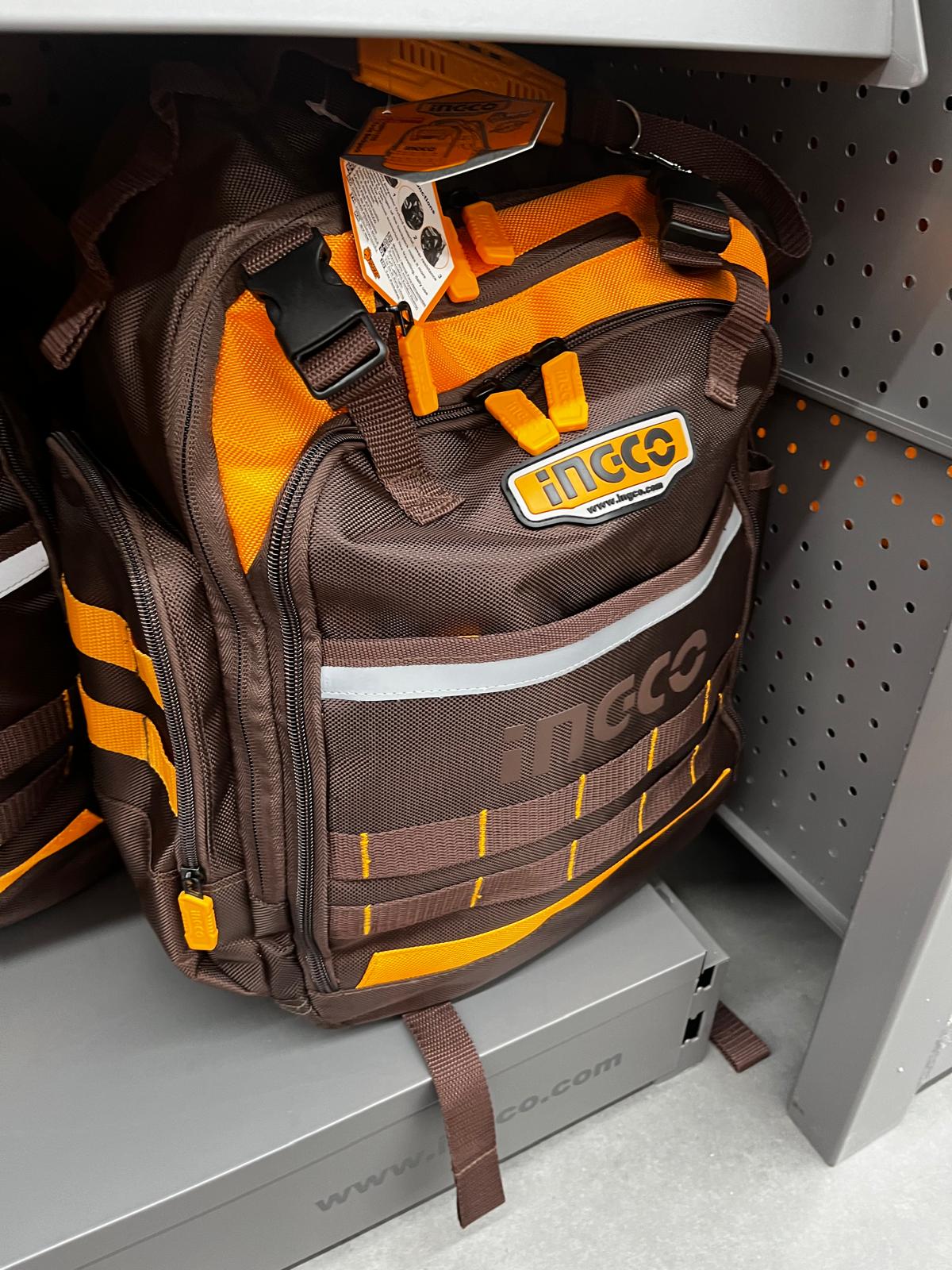 INGCO 8kg tool backpack worn on site by tradesperson showing comfortable shoulder straps and compact profile