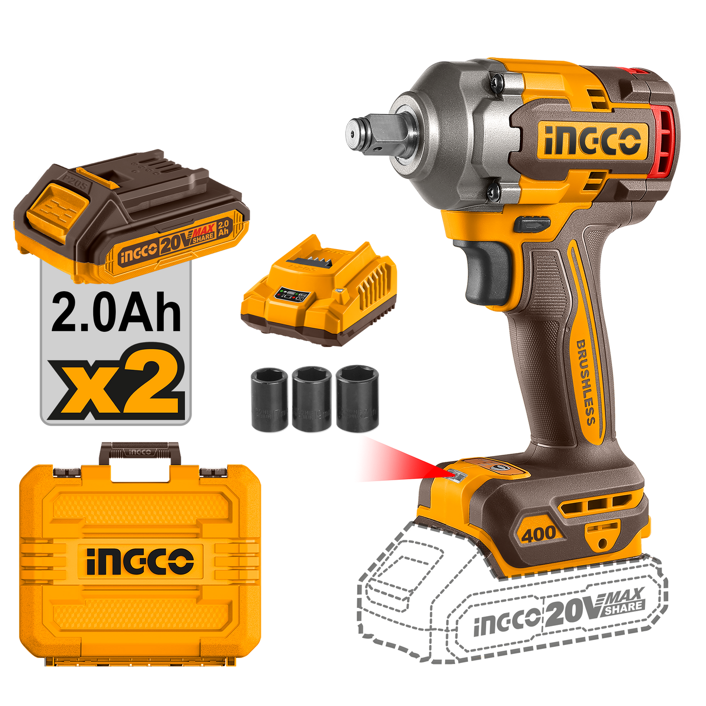 INGCO 20V Brushless Cordless Impact Wrench Square Drive 1/2Inch