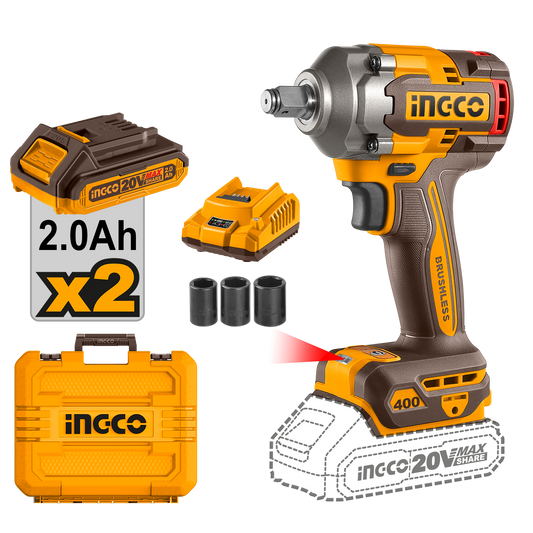 INGCO 20V Brushless Cordless Impact Wrench Square Drive 1/2Inch