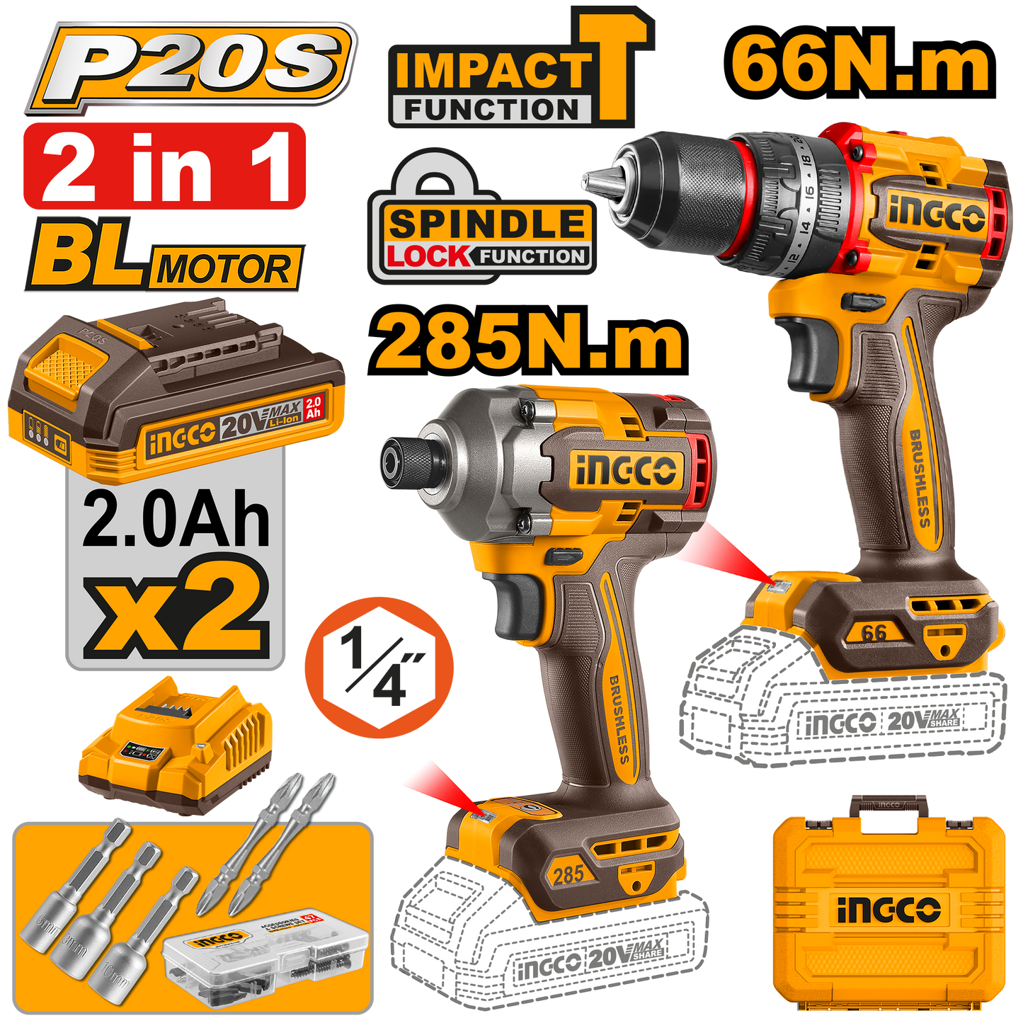 INGCO 2 Piece Combination and Impact Drill Set - Brushless Cordless