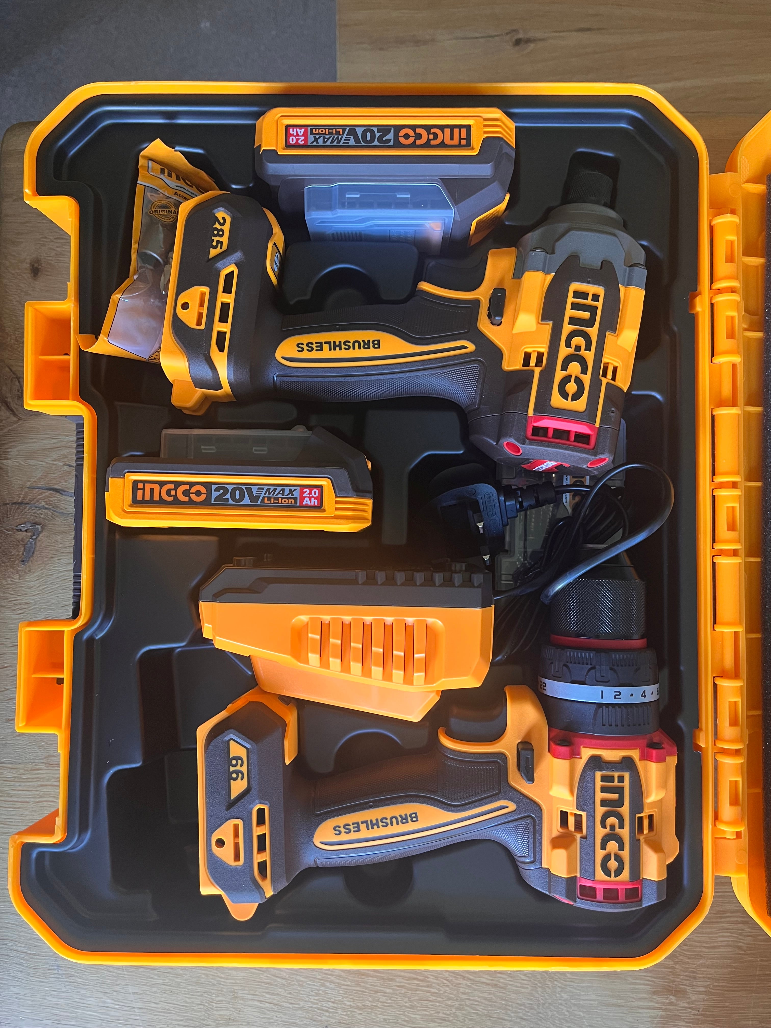 INGCO Drill & Impact Driver Combo Kit - 20V Brushless 66 Nm Drill; High-Torque Driver; 2 x 2.0Ah Batteries + Charger Included