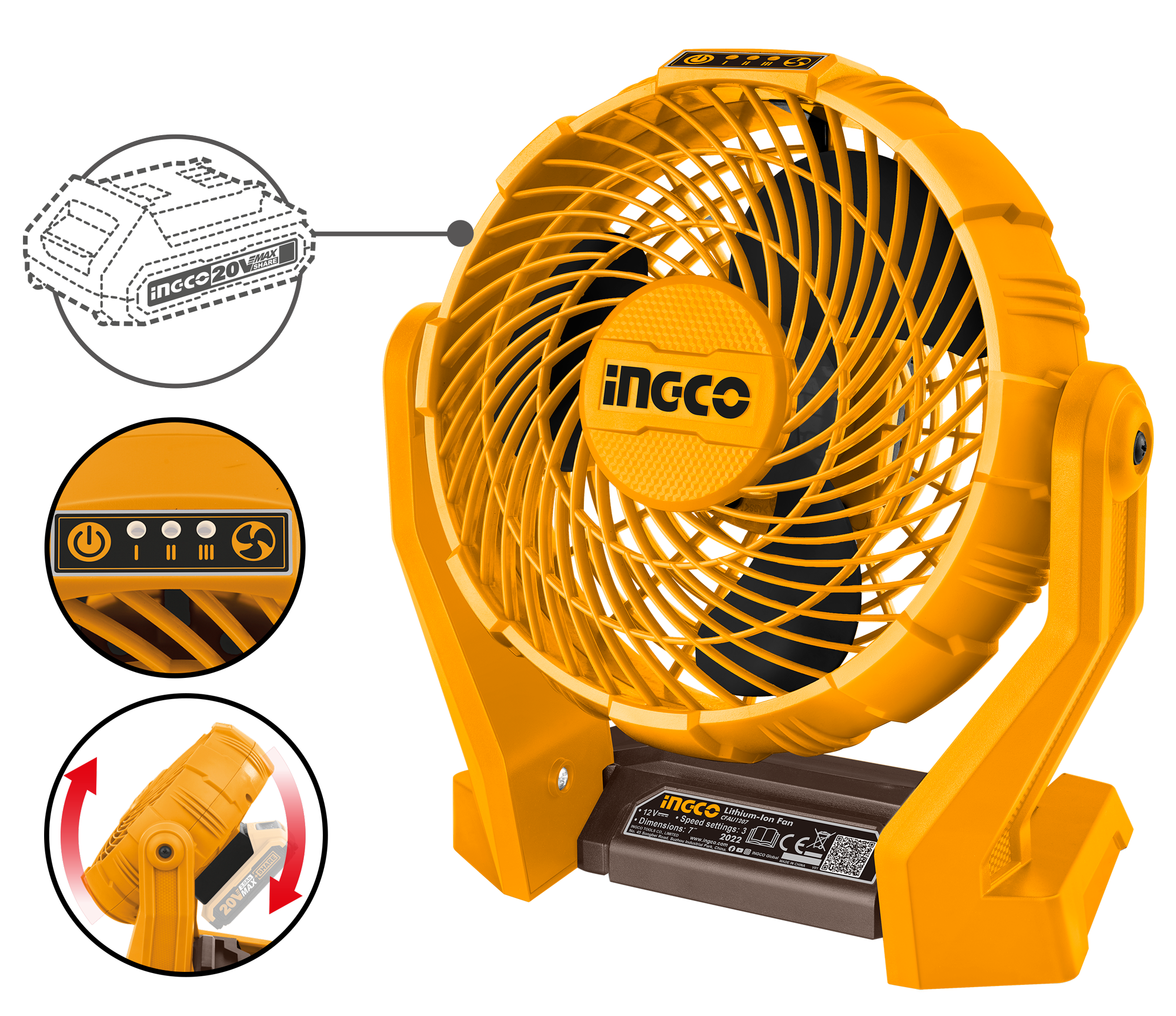 INGCO Ankle Fan Cordless 20V 7" Adjustable Battery Powered (Body Only)