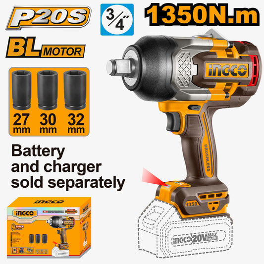 INGCO Impact Wrench 3/4Inch, 1350 Nm Torque, Brushless Cordless 20V, 3-Speed, LED Light, (Body Only)