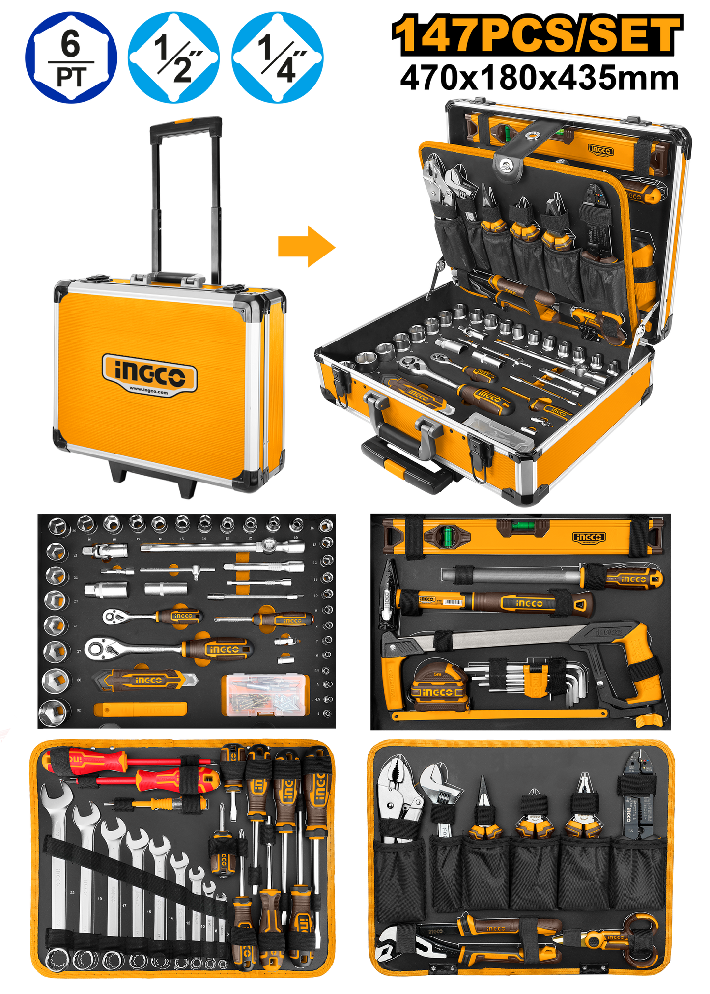 INGCO Hand Tools Set 147-Piece in Metal Case Professional